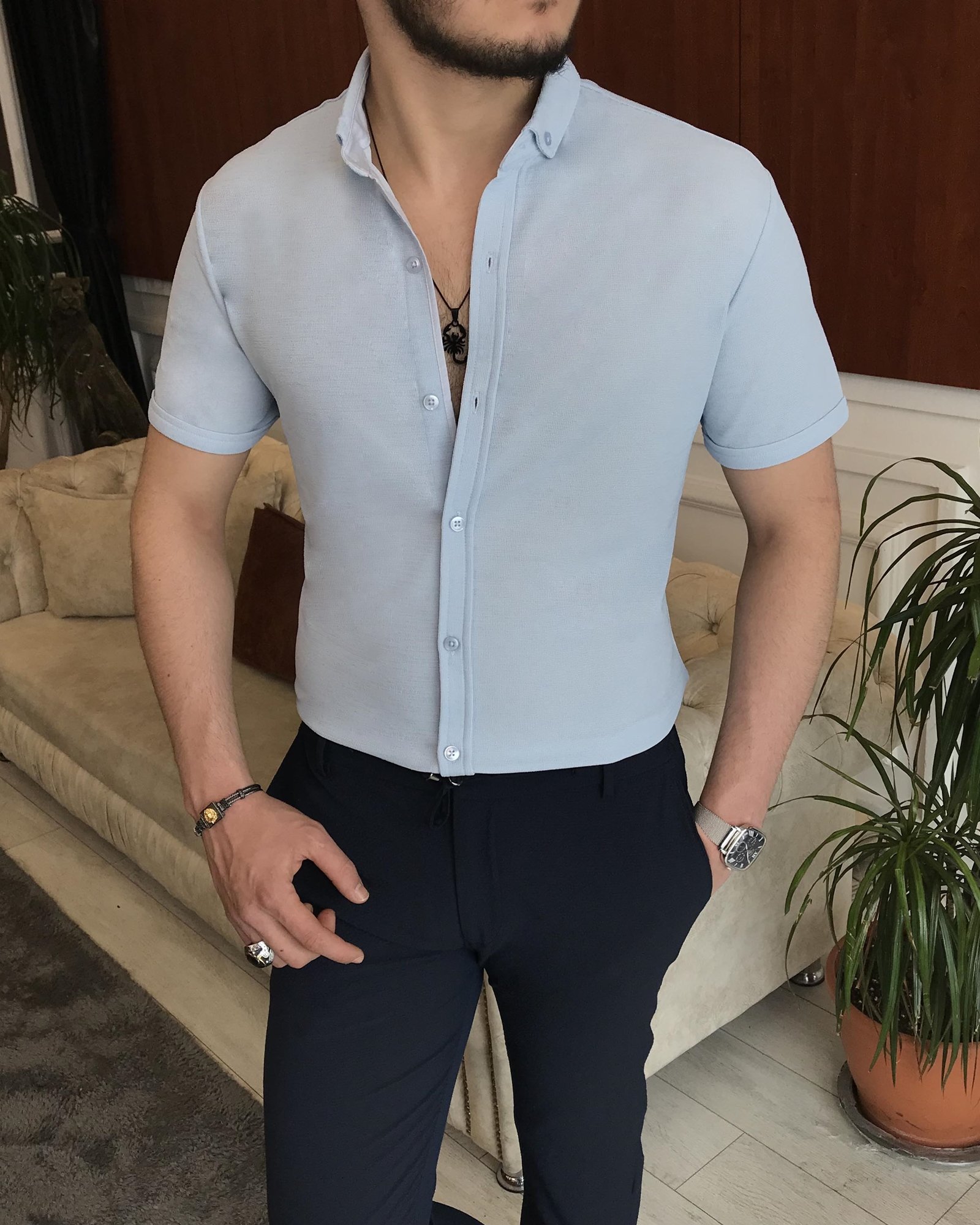 İtalyan stil slim fit küçük yaka kısa kollu gömlek Mavi T7110