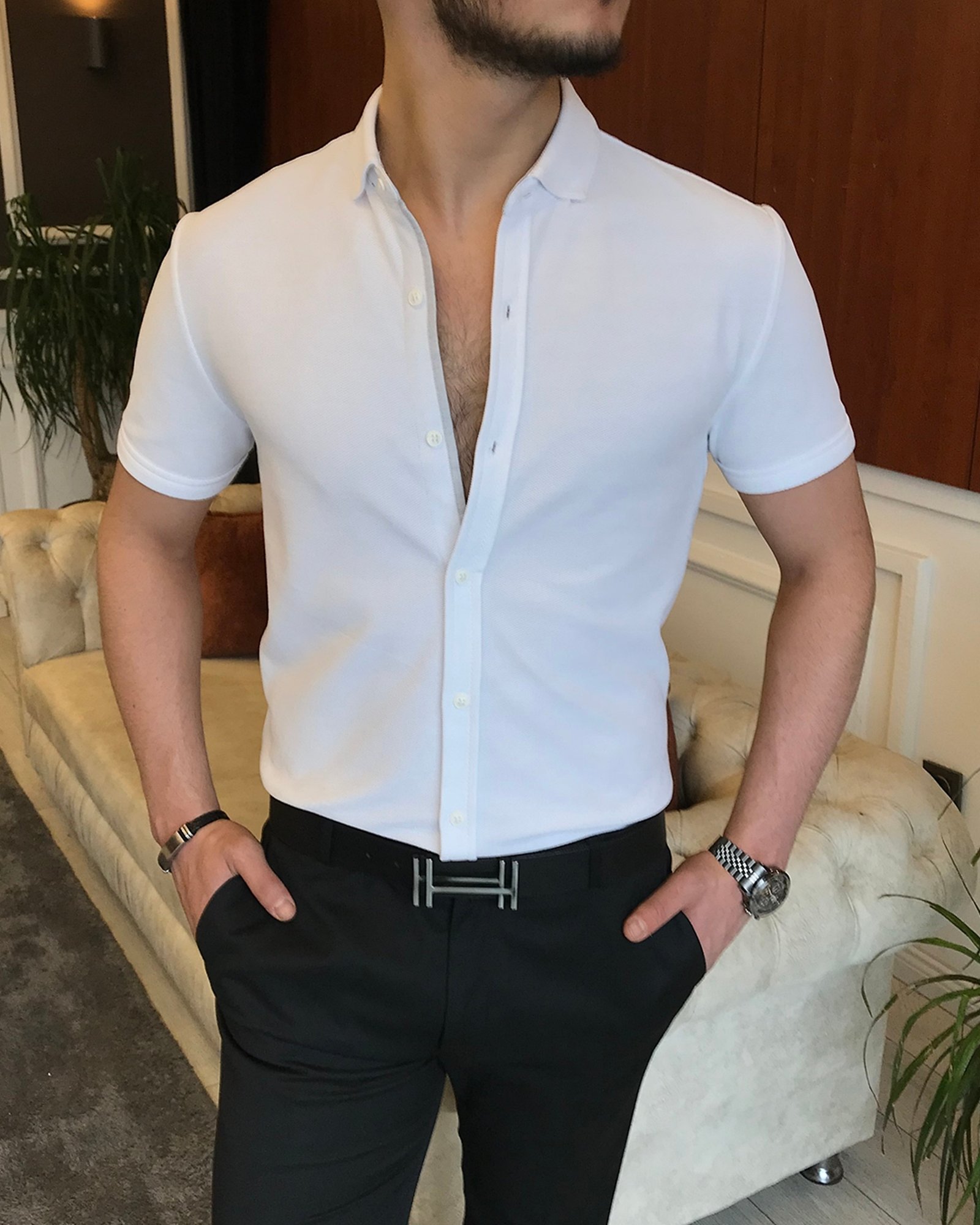 İtalyan stil slim fit küçük yaka kısa kollu gömlek Beyaz T7103