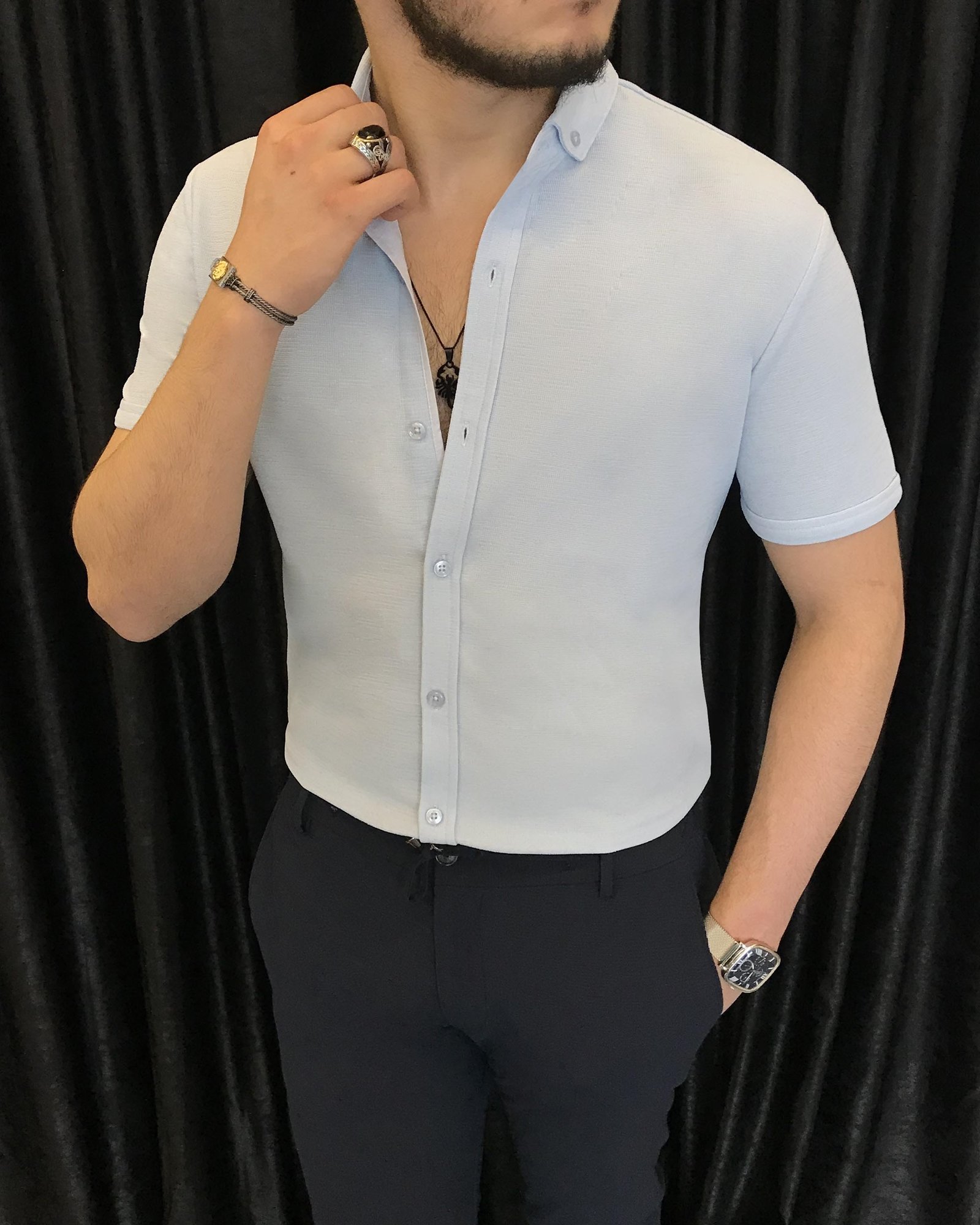İtalyan stil slim fit küçük yaka kısa kollu gömlek Mavi T7110
