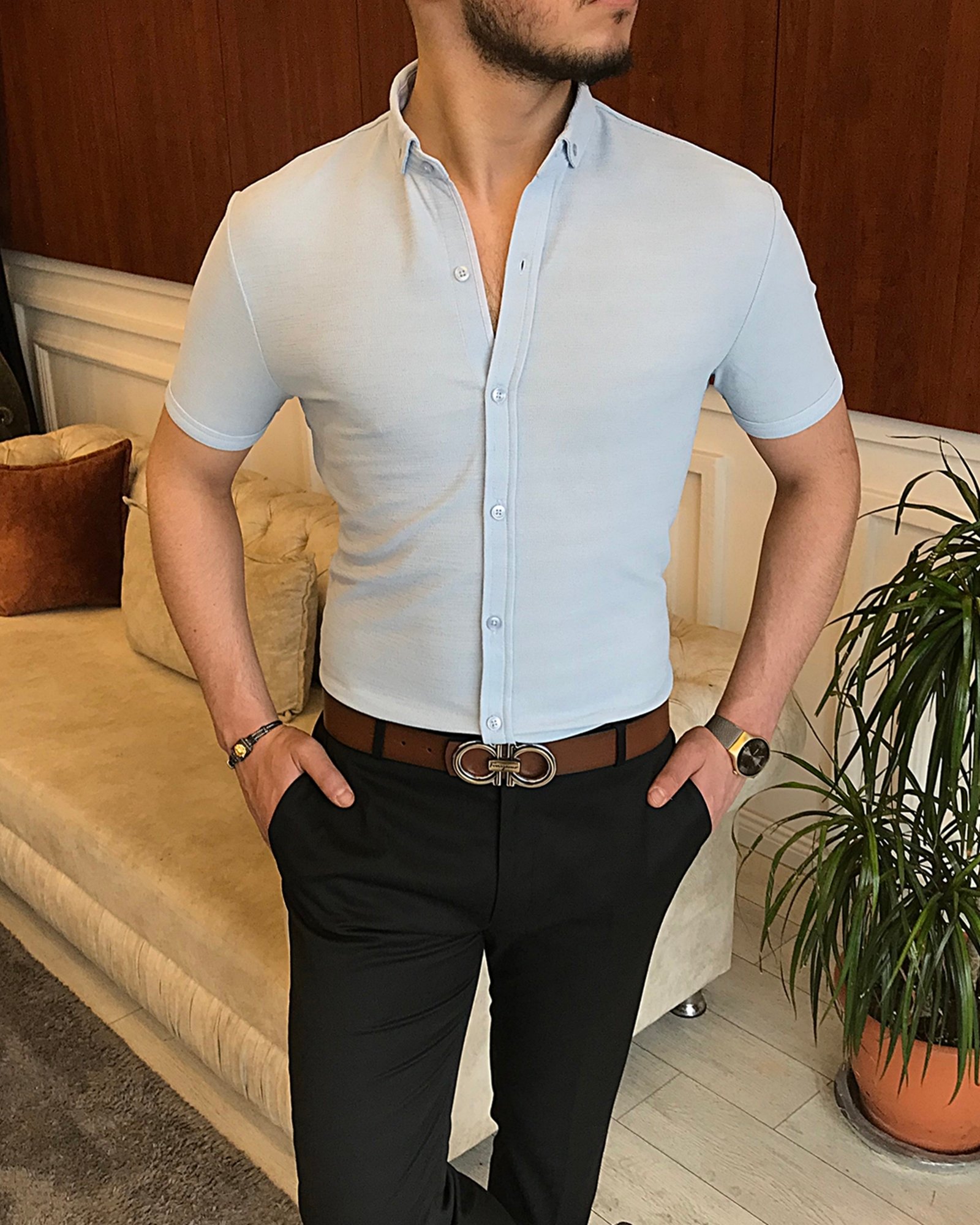 İtalyan stil slim fit küçük yaka kısa kollu gömlek Mavi T7110