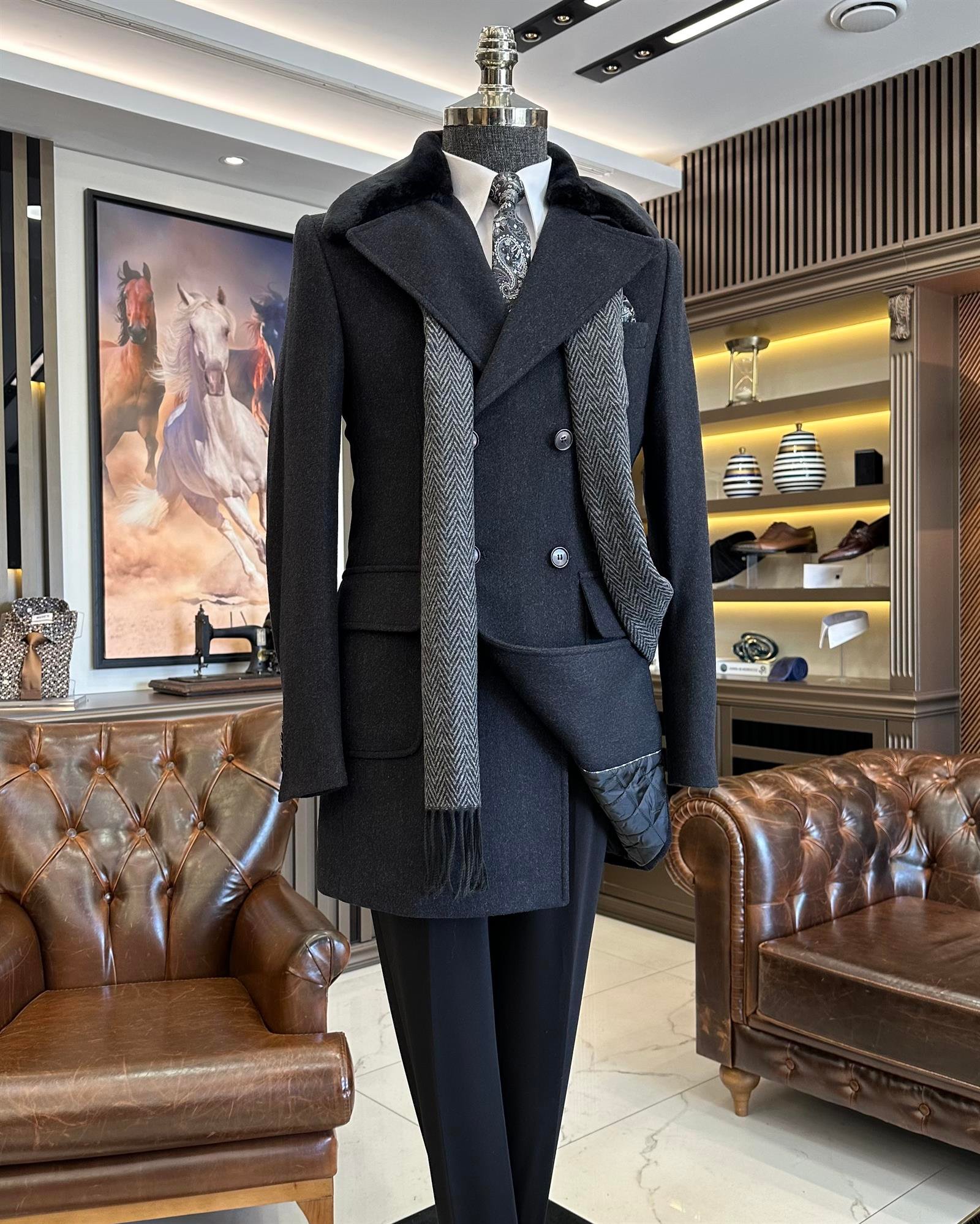 İtalyan stil slim fit kürk yaka yün erkek kaban siyah T10138