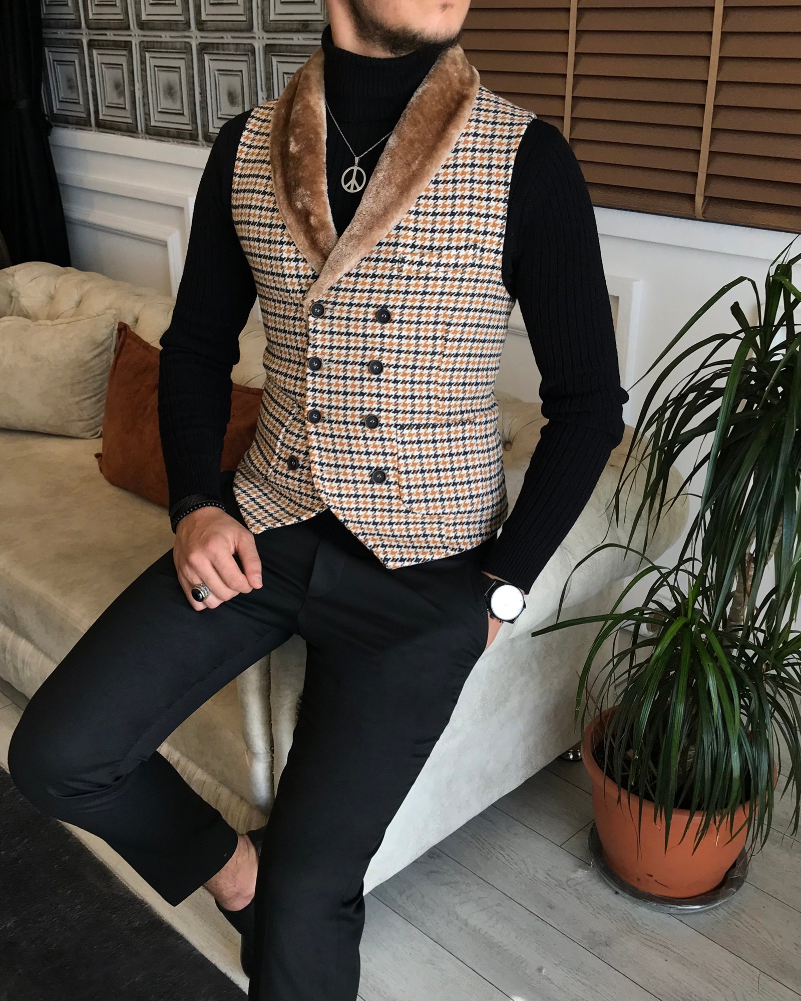 İtalyan stil slim fit kürklü cepken yelek çok renkli T6360