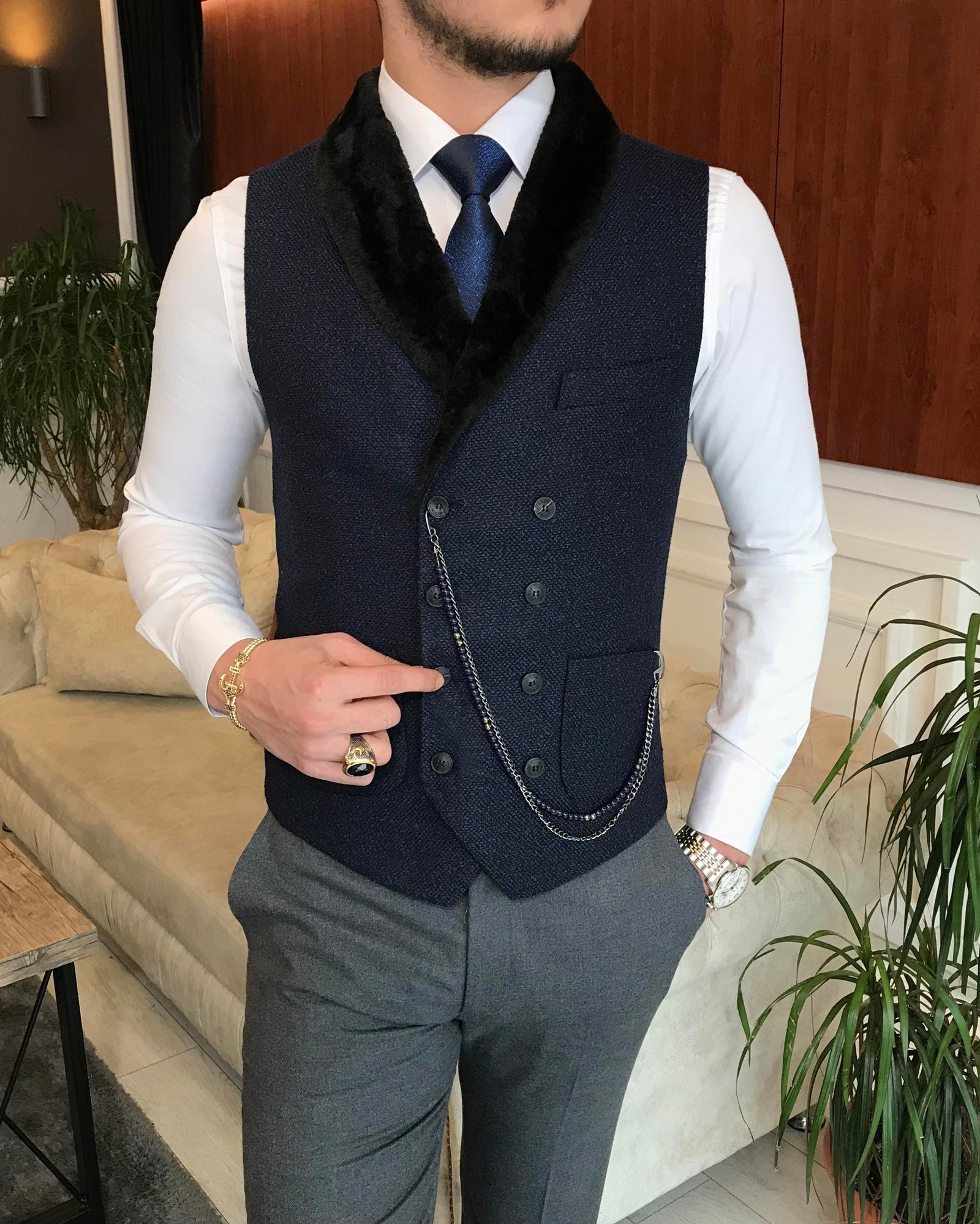 İtalyan stil slim fit kürklü cepken yelek lacivert T6357