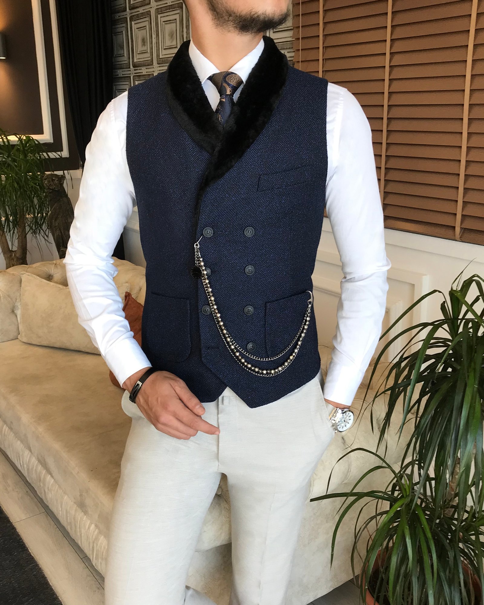 İtalyan stil slim fit kürklü cepken yelek lacivert T6357