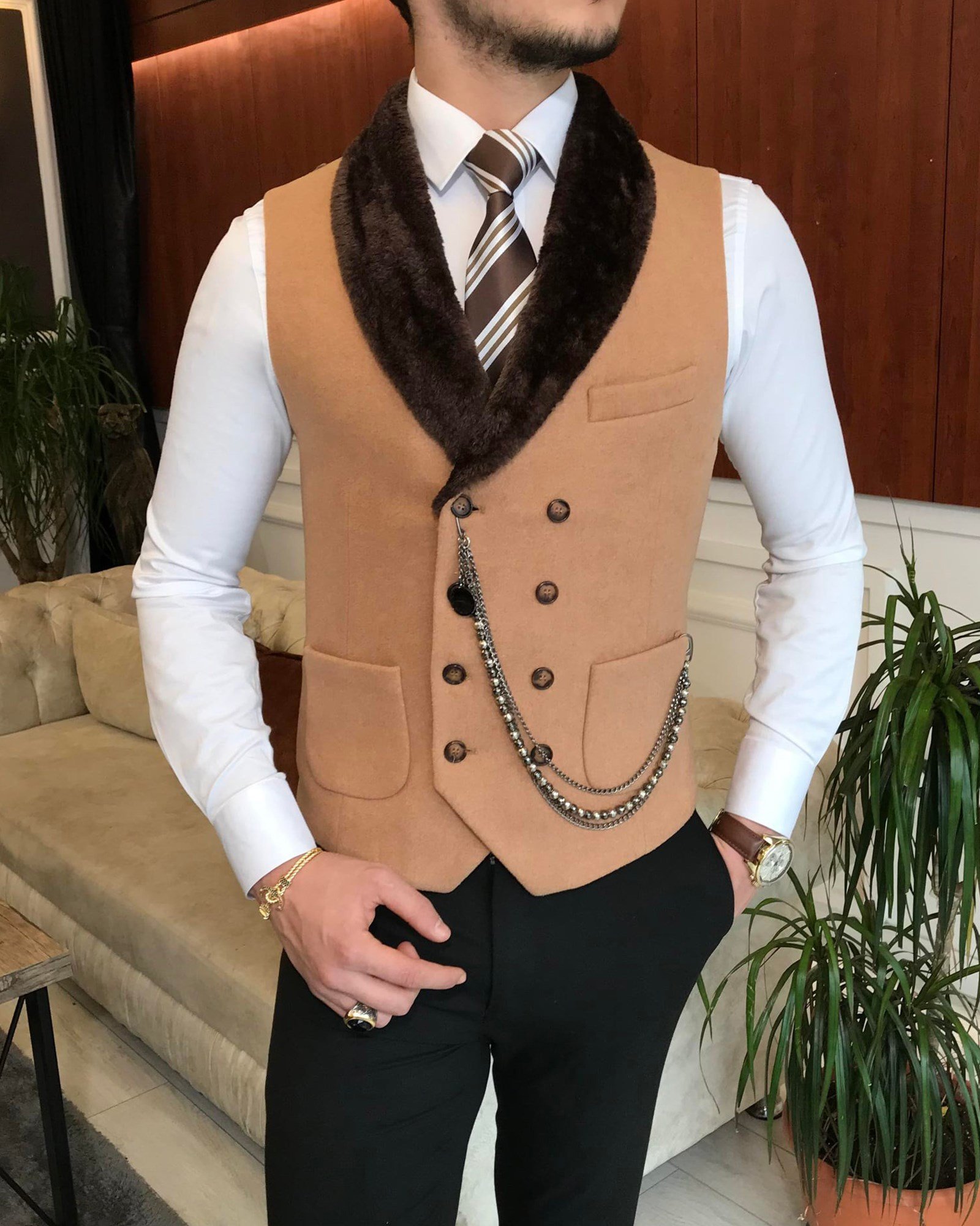 İtalyan stil slim fit kürklü cepken yelek camel T6539