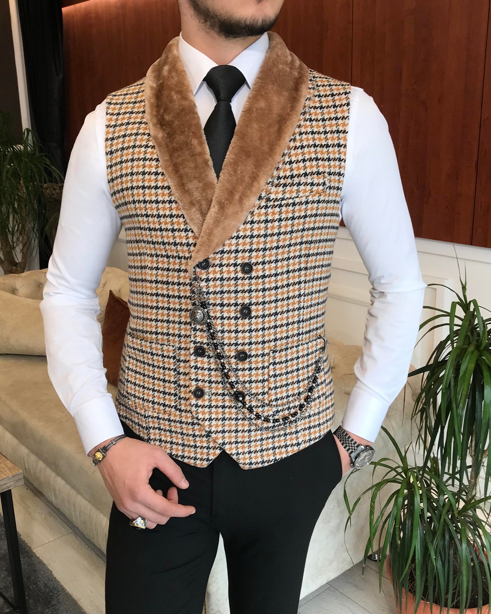 İtalyan stil slim fit kürklü cepken yelek çok renkli T6360