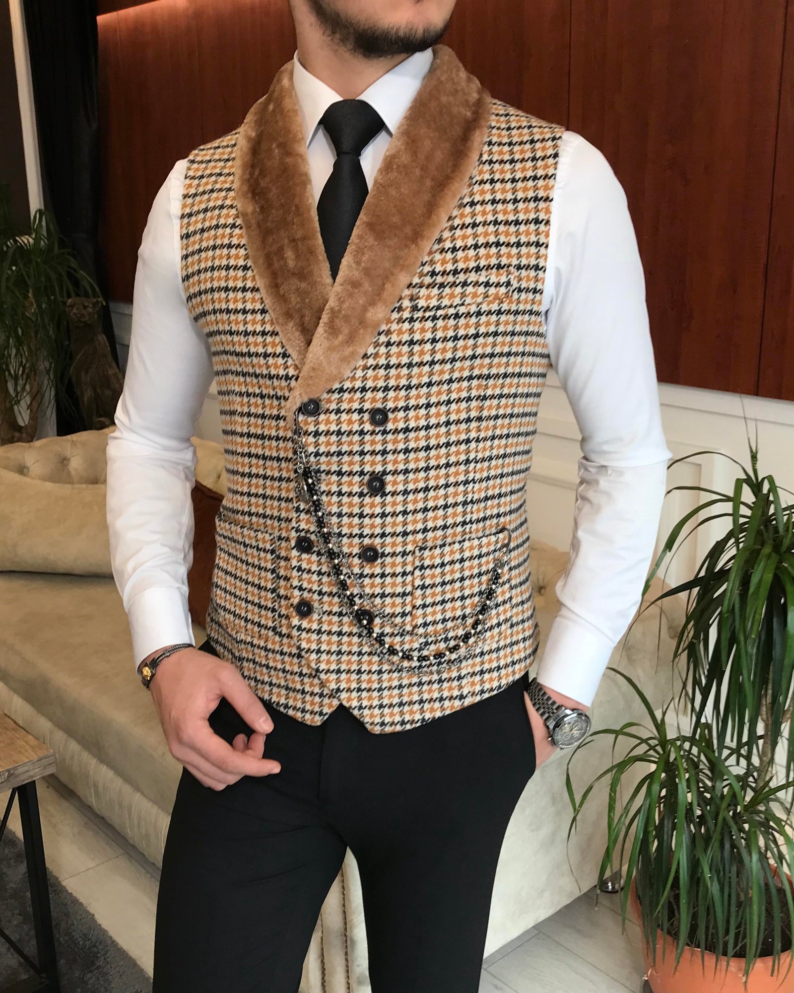 İtalyan stil slim fit kürklü cepken yelek çok renkli T6360