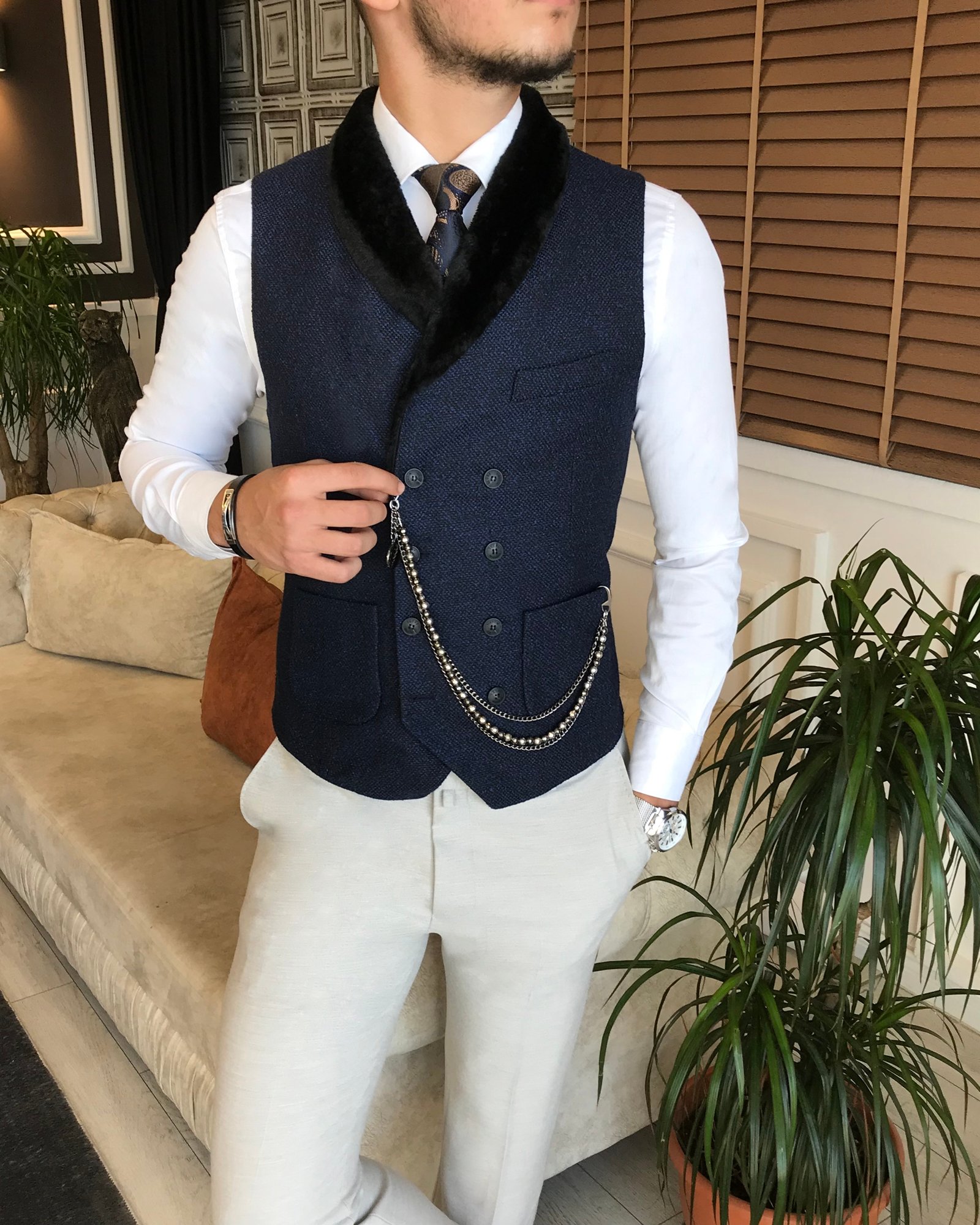 İtalyan stil slim fit kürklü cepken yelek lacivert T6357