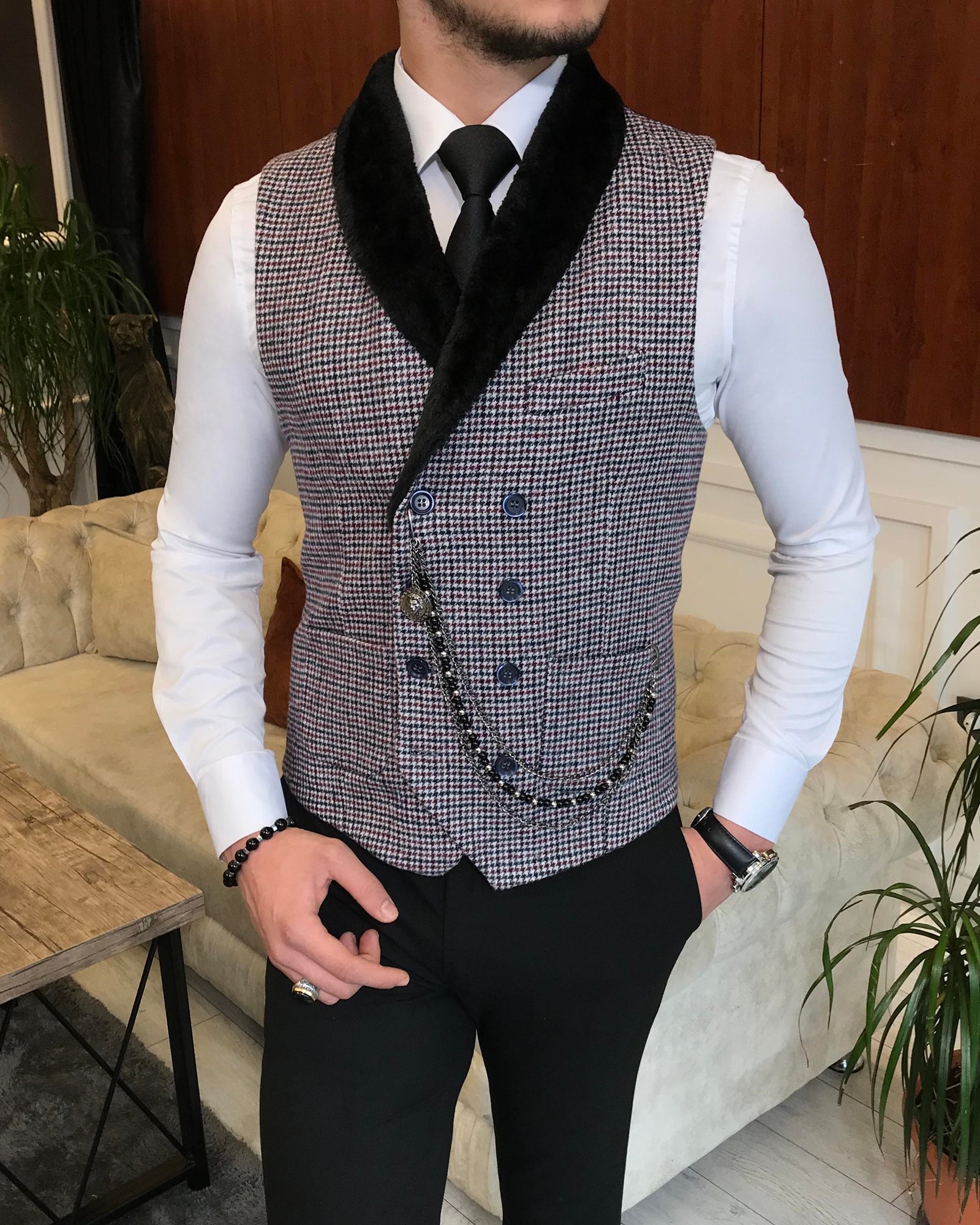 İtalyan stil slim fit kürklü cepken yelek çok renkli T6368