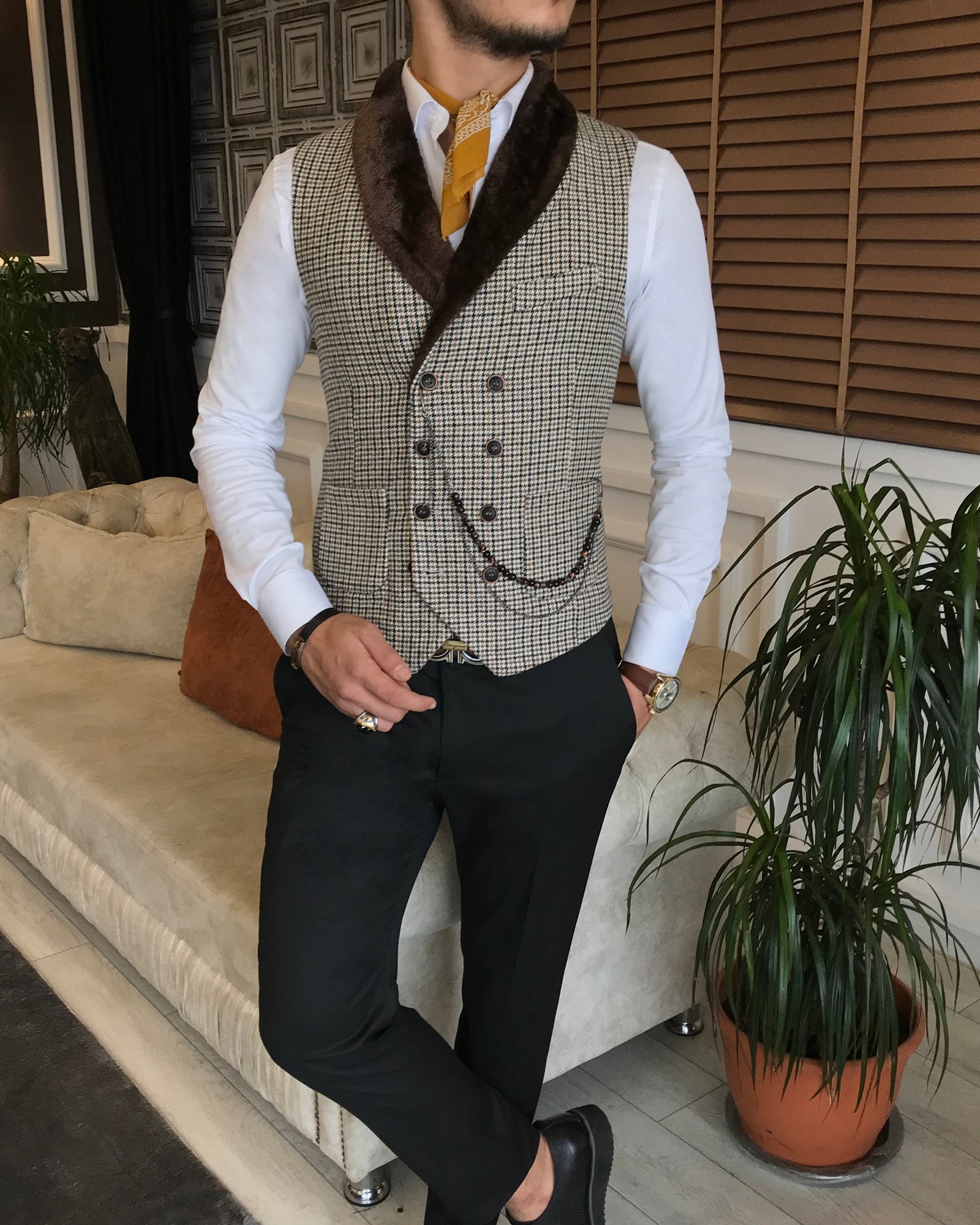 İtalyan stil slim fit kürklü cepken yelek çok renkli T6363