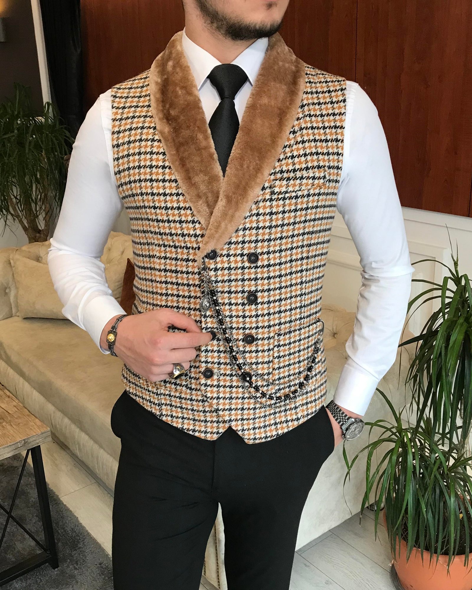 İtalyan stil slim fit kürklü cepken yelek çok renkli T6360