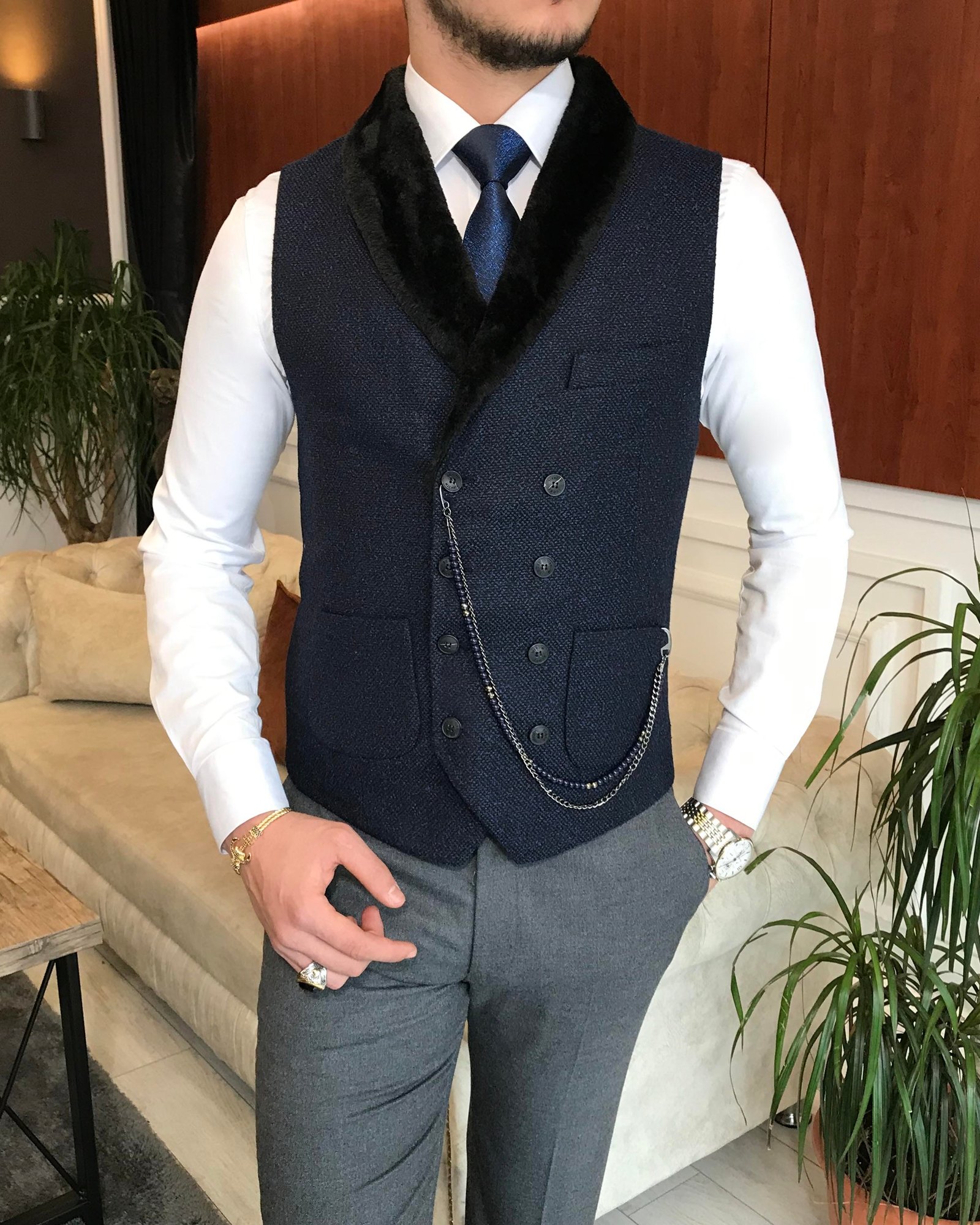 İtalyan stil slim fit kürklü cepken yelek lacivert T6357