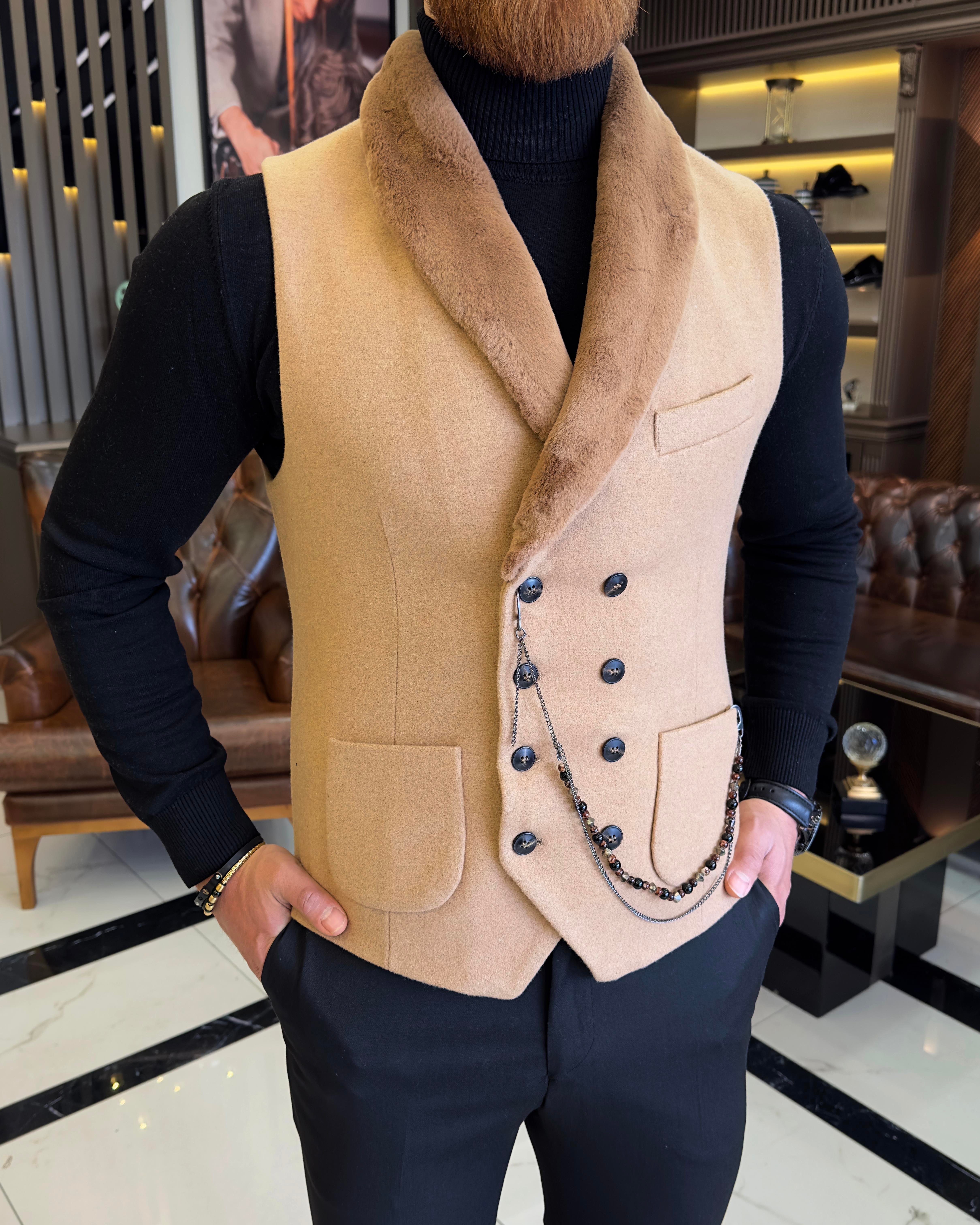  Italian style slim fit furry vest Camel T10793