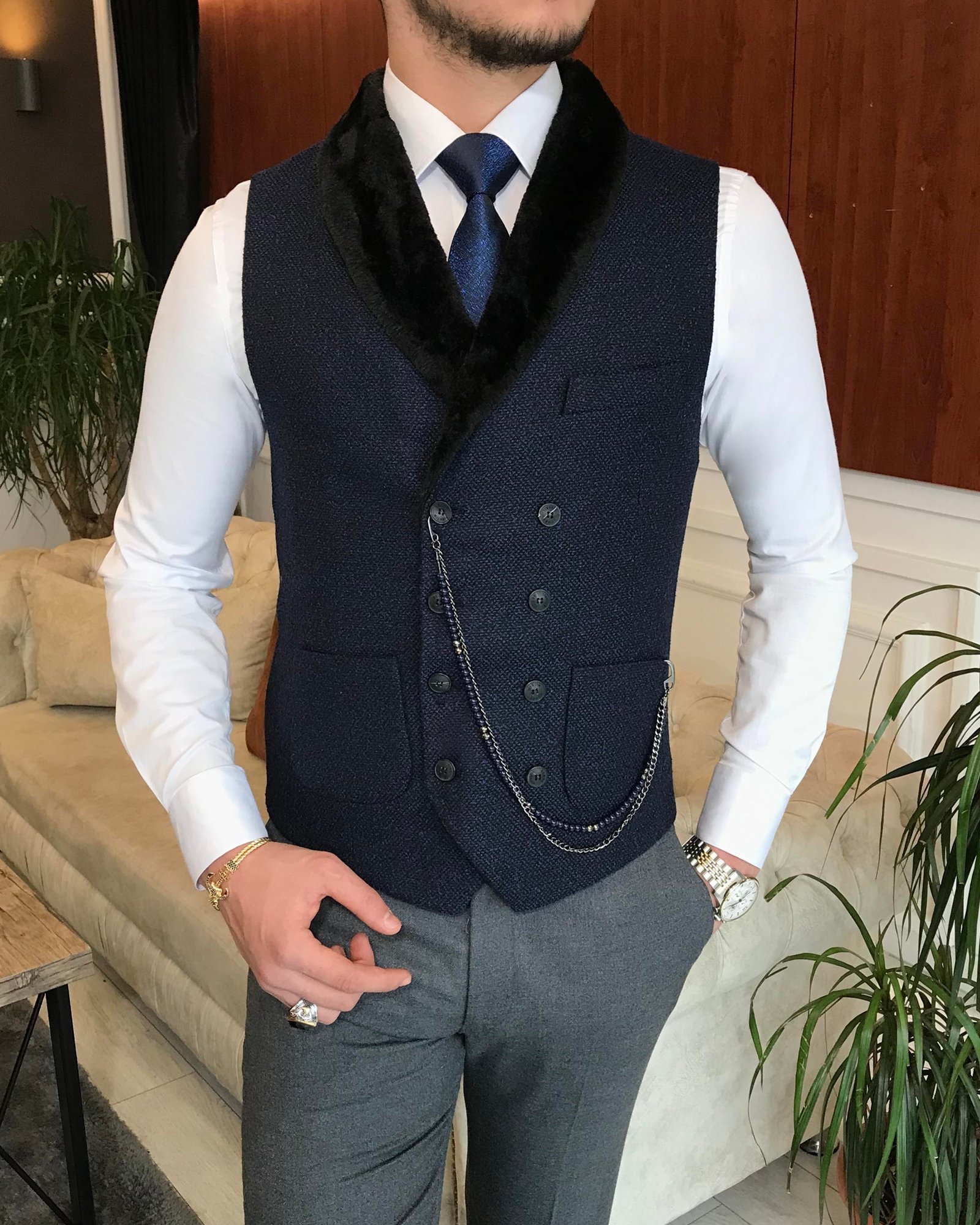 İtalyan stil slim fit kürklü cepken yelek lacivert T6357