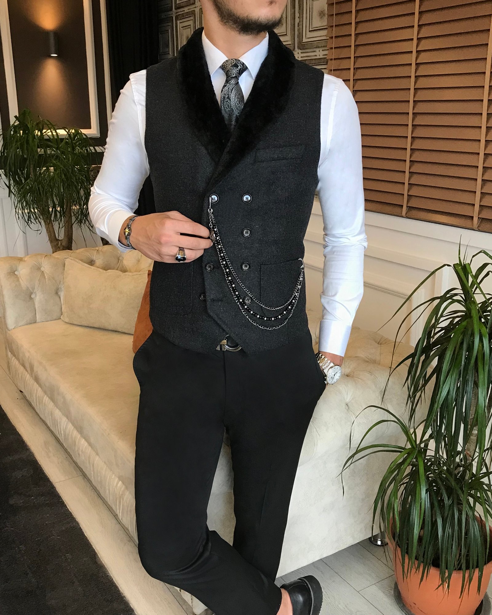 İtalyan stil slim fit kürklü cepken yelek antrasit T6370