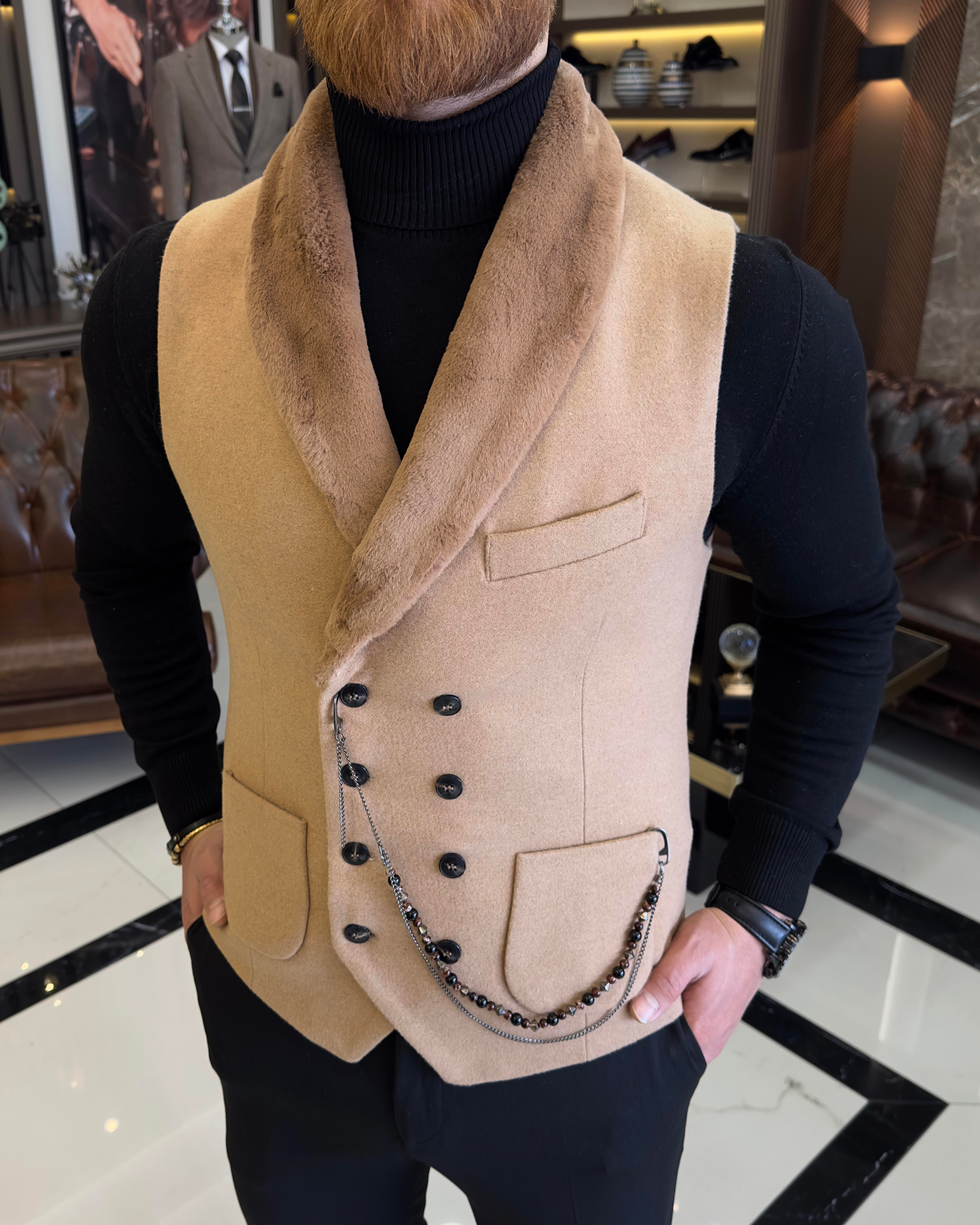  Italian style slim fit furry vest Camel T10793