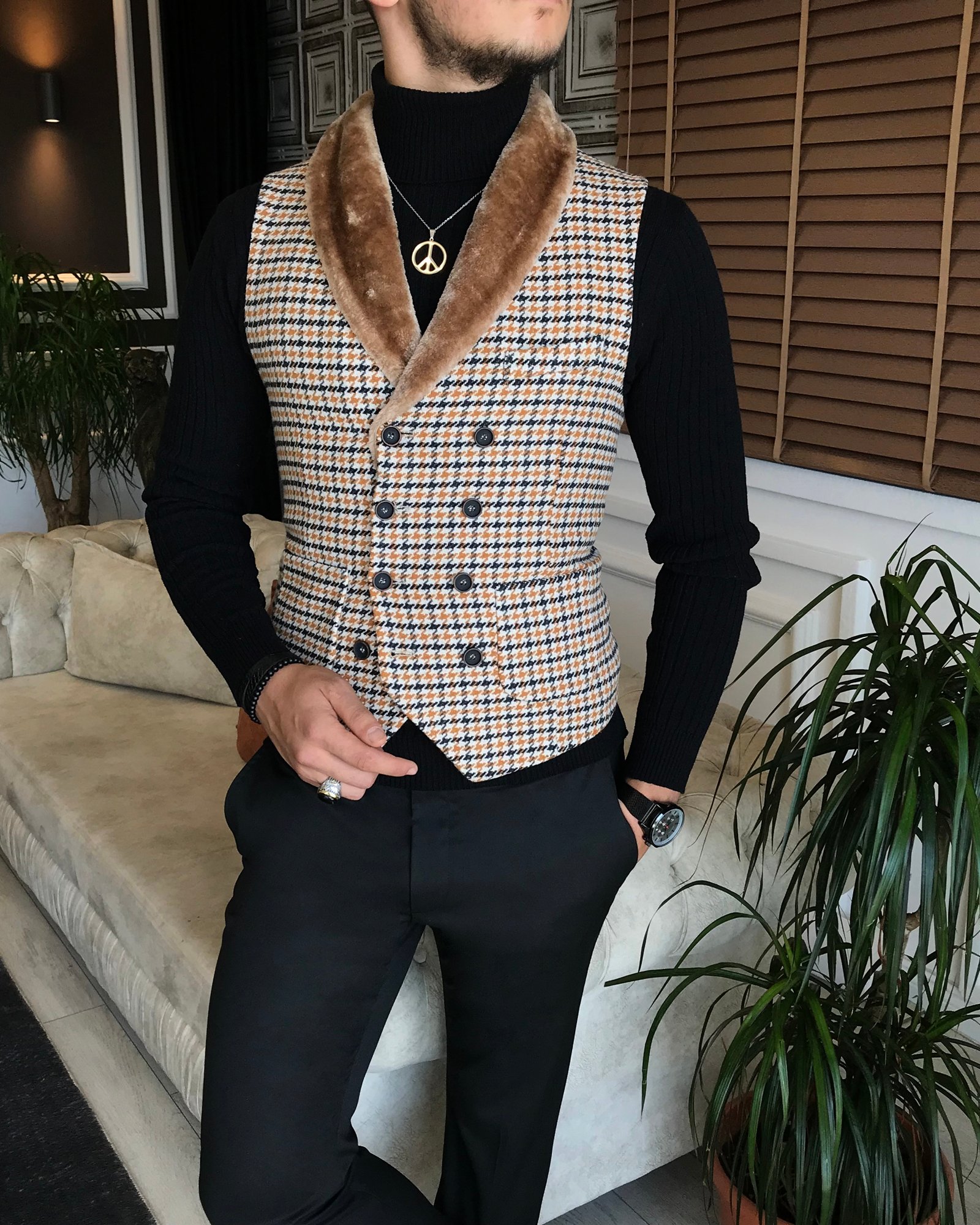 İtalyan stil slim fit kürklü cepken yelek çok renkli T6360