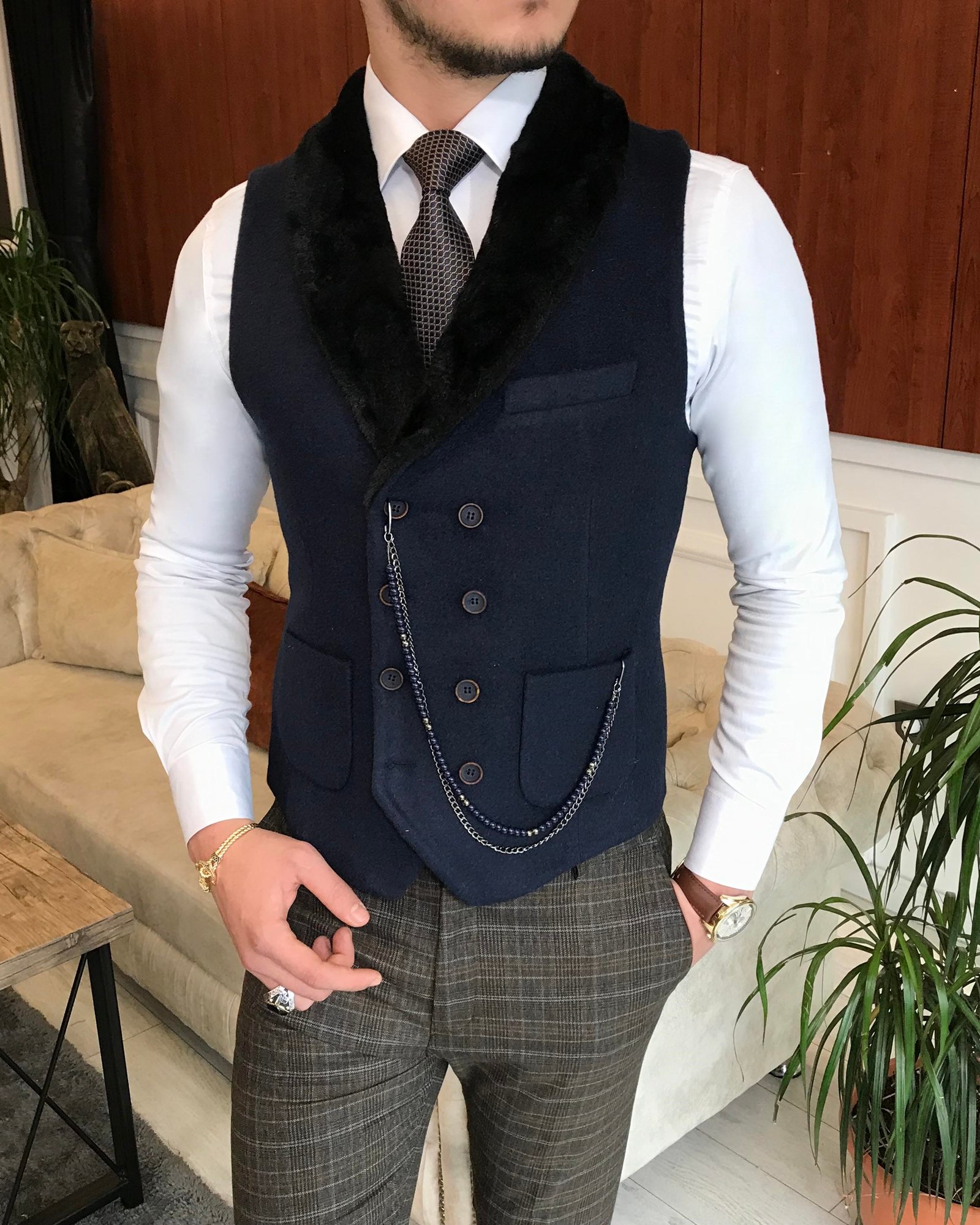 İtalyan stil slim fit kürklü cepken yelek lacivert T6353