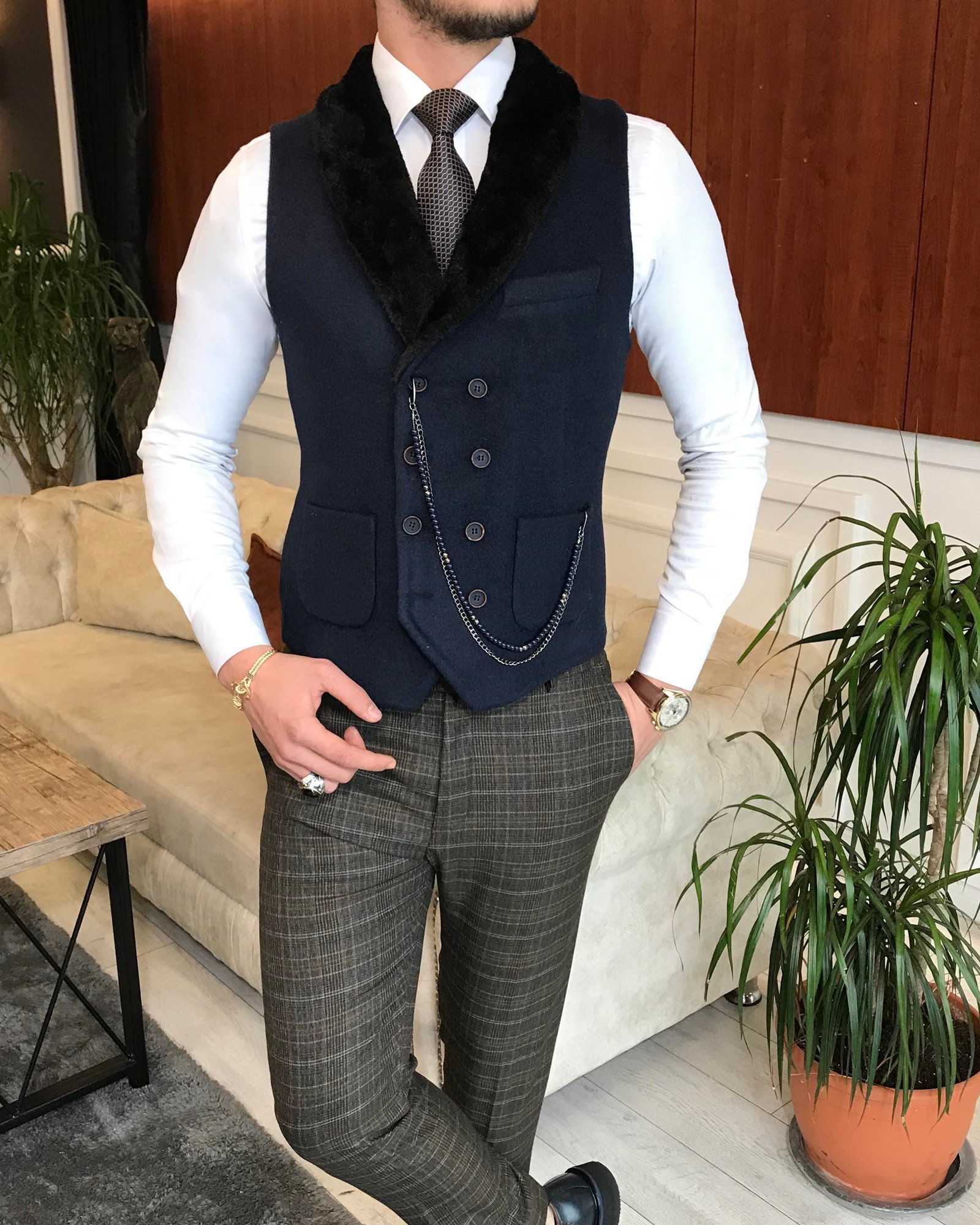 İtalyan stil slim fit kürklü cepken yelek lacivert T6353