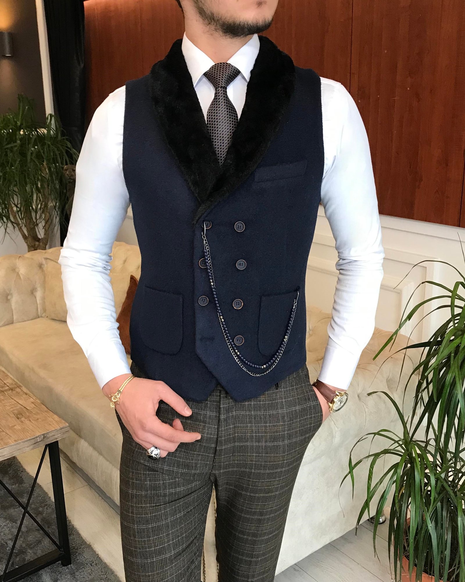 İtalyan stil slim fit kürklü cepken yelek lacivert T6353
