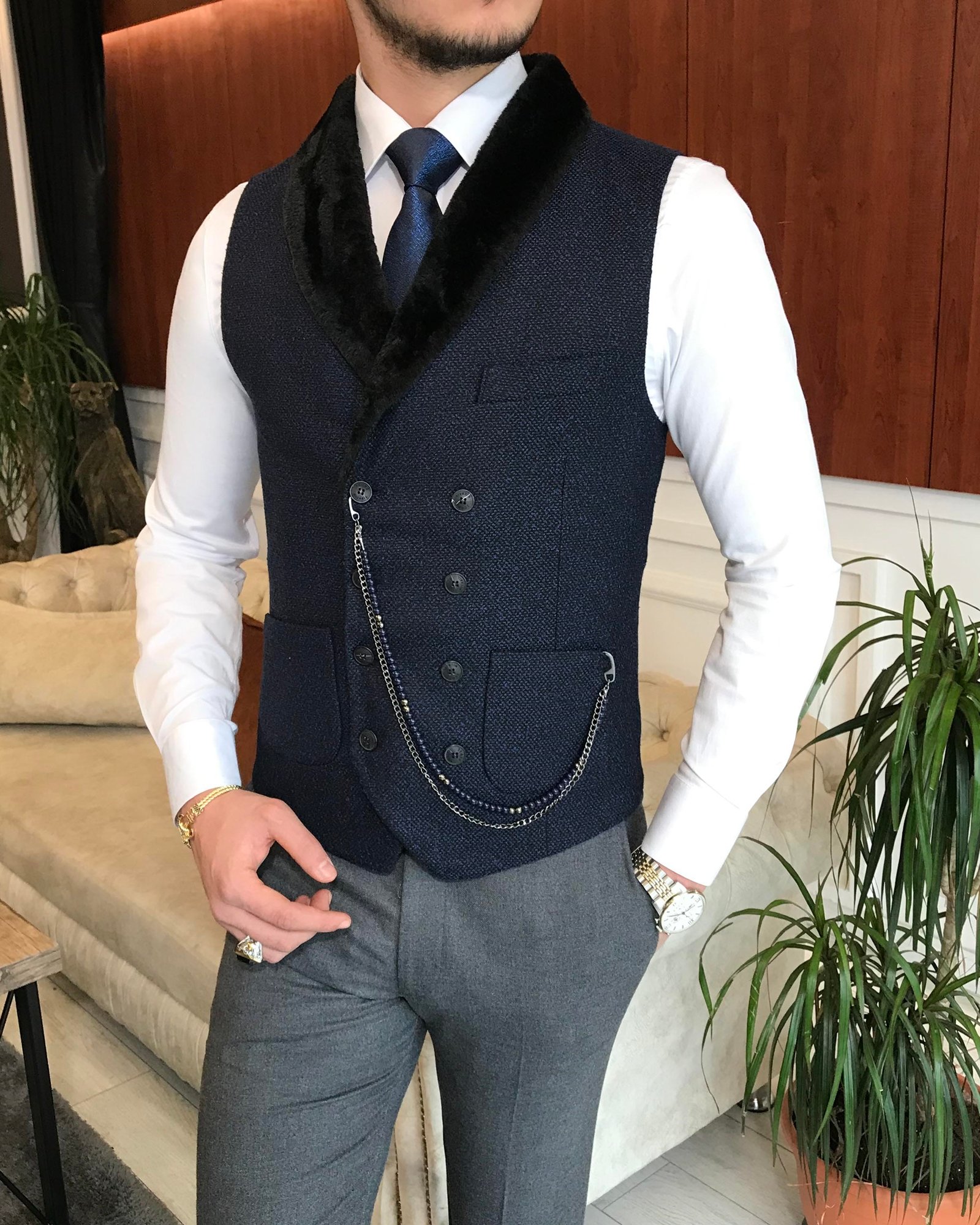 İtalyan stil slim fit kürklü cepken yelek lacivert T6357