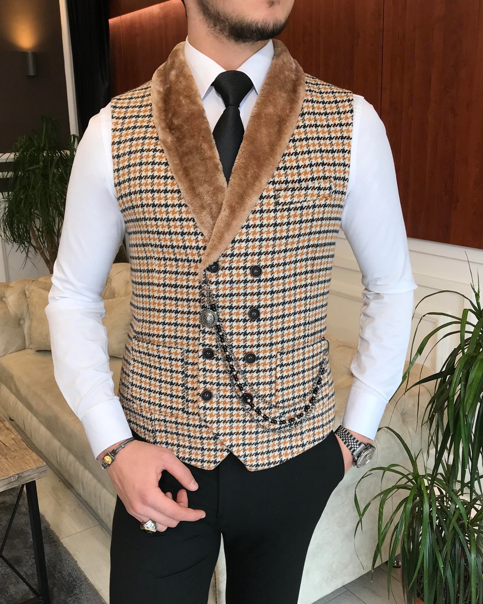 İtalyan stil slim fit kürklü cepken yelek çok renkli T6360