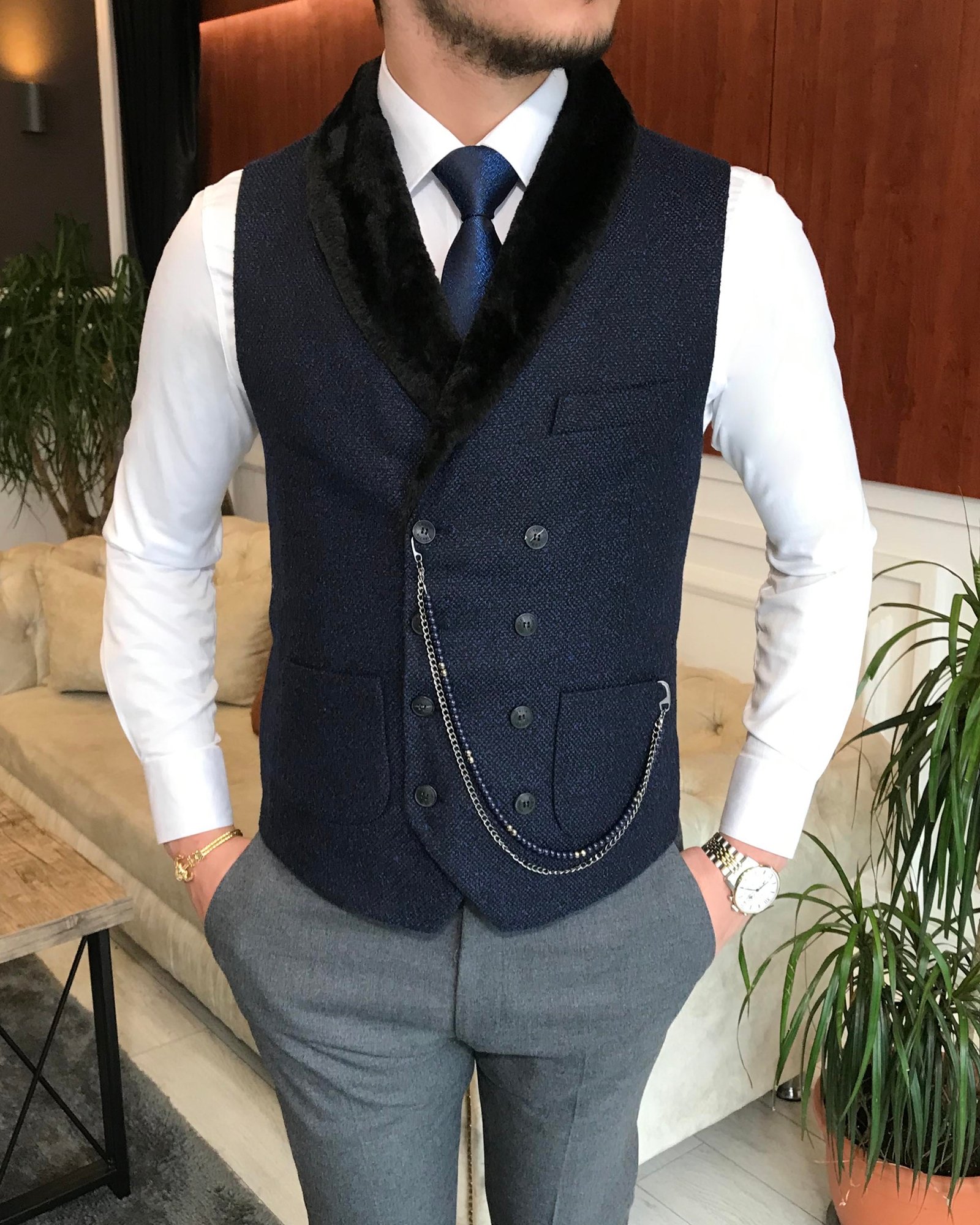 İtalyan stil slim fit kürklü cepken yelek lacivert T6357