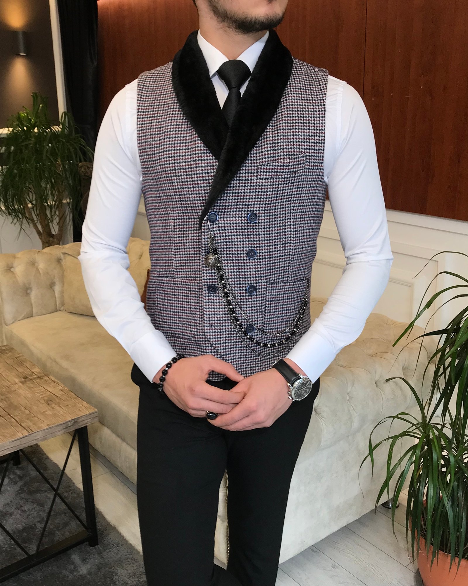 İtalyan stil slim fit kürklü cepken yelek çok renkli T6368