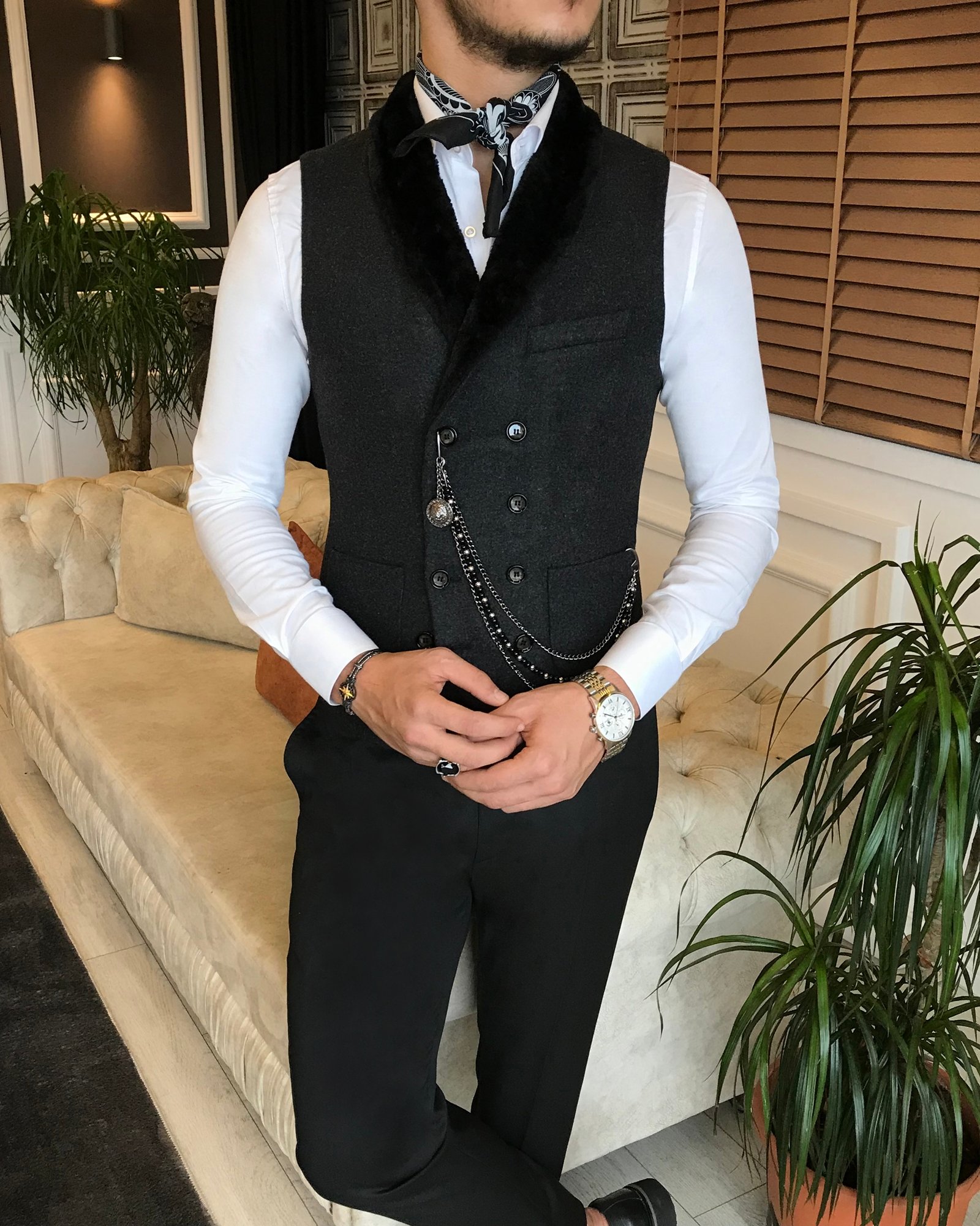 İtalyan stil slim fit kürklü cepken yelek antrasit T6370