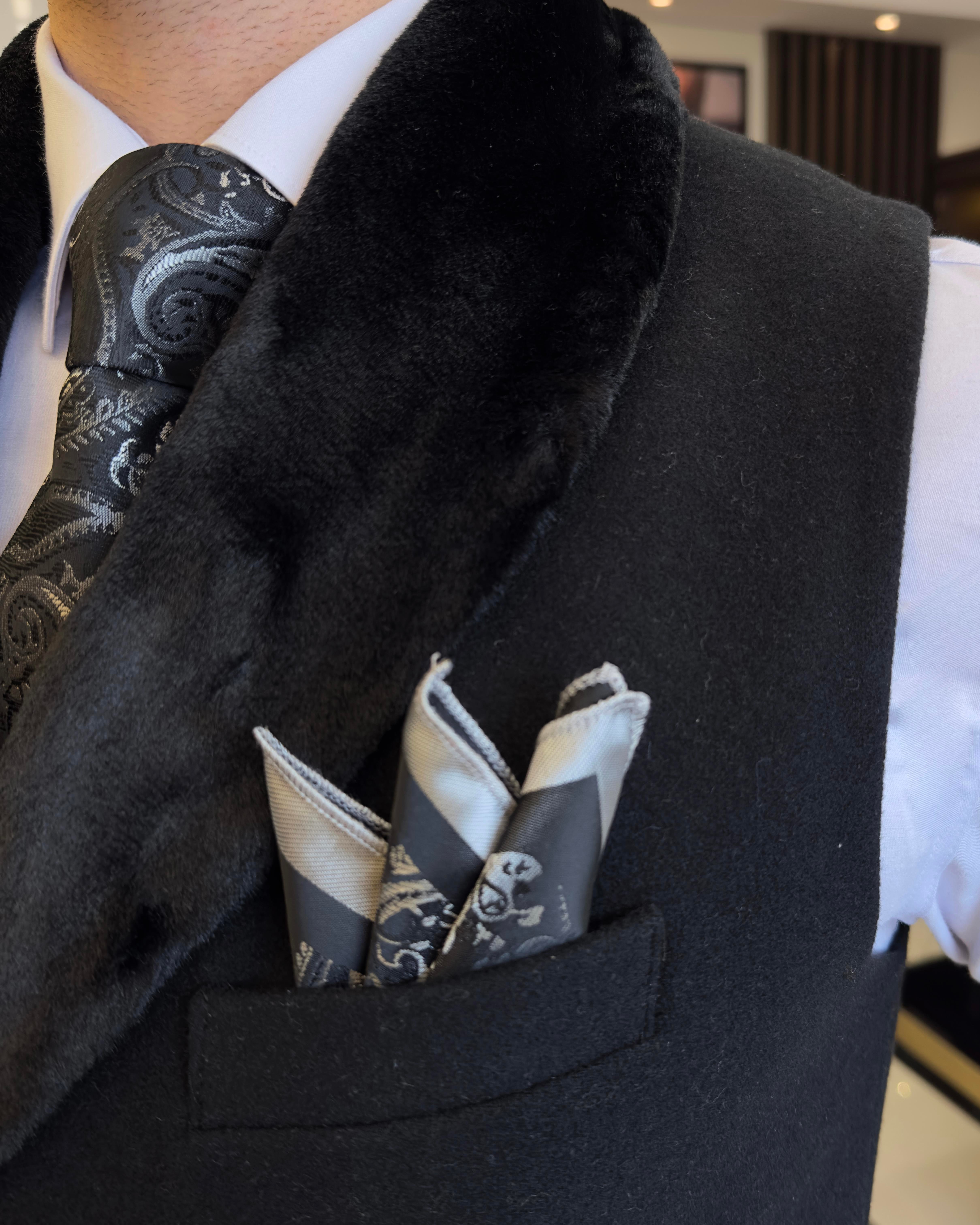 Italian style slim fit furry pocket vest Black T10790