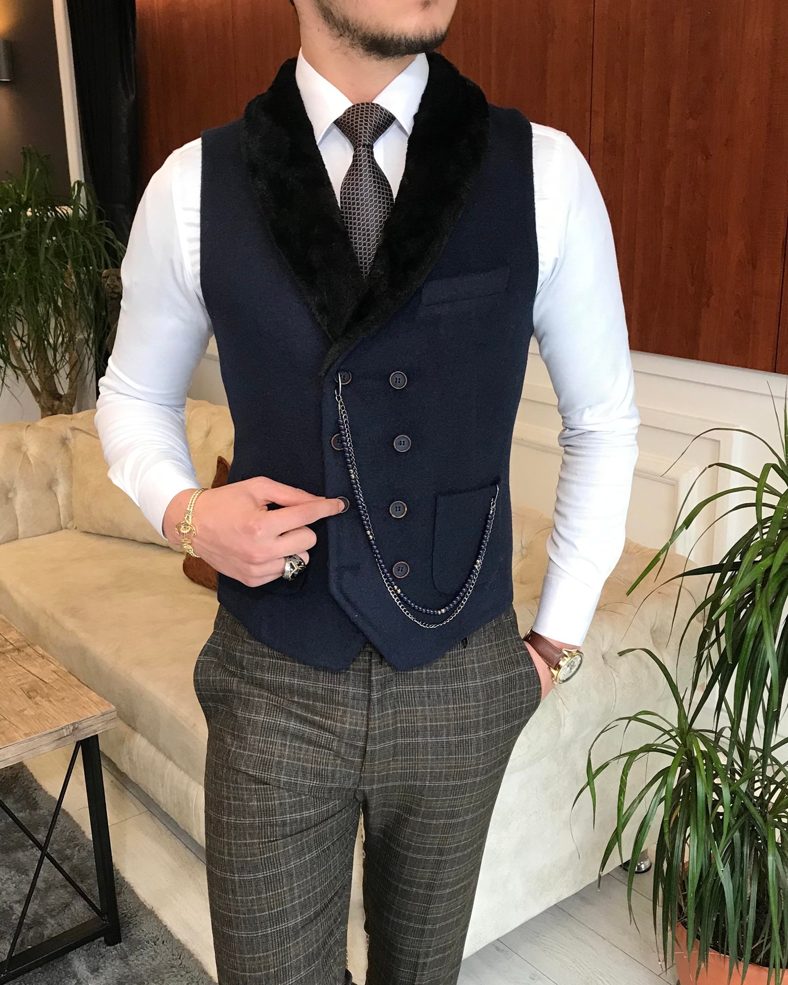 İtalyan stil slim fit kürklü cepken yelek lacivert T6353