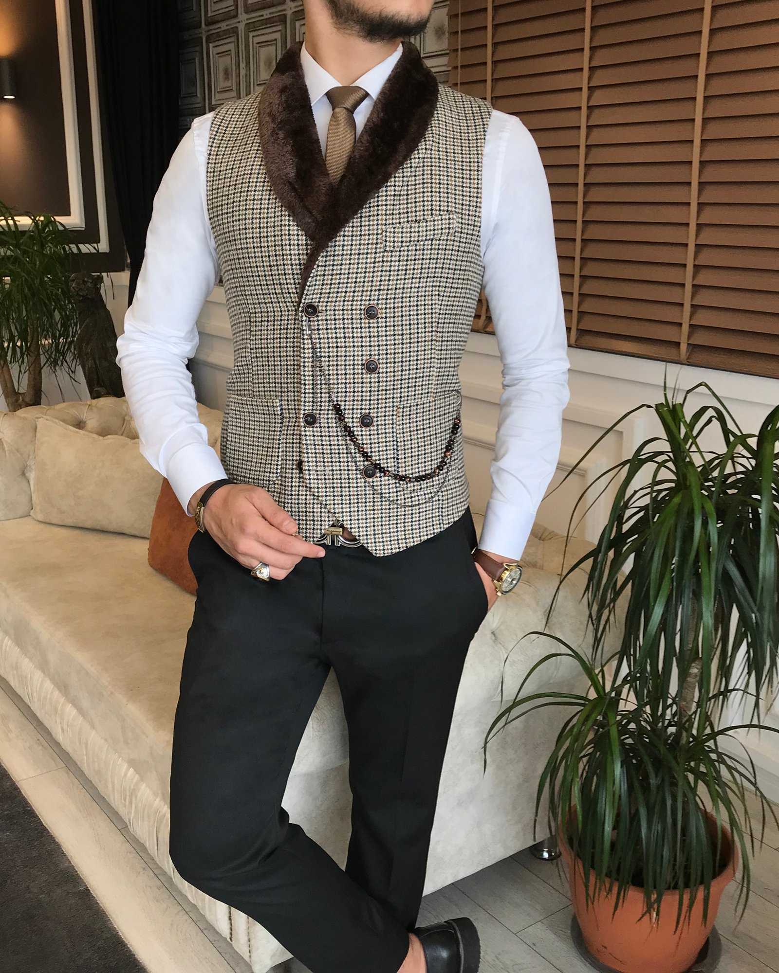 İtalyan stil slim fit kürklü cepken yelek çok renkli T6363