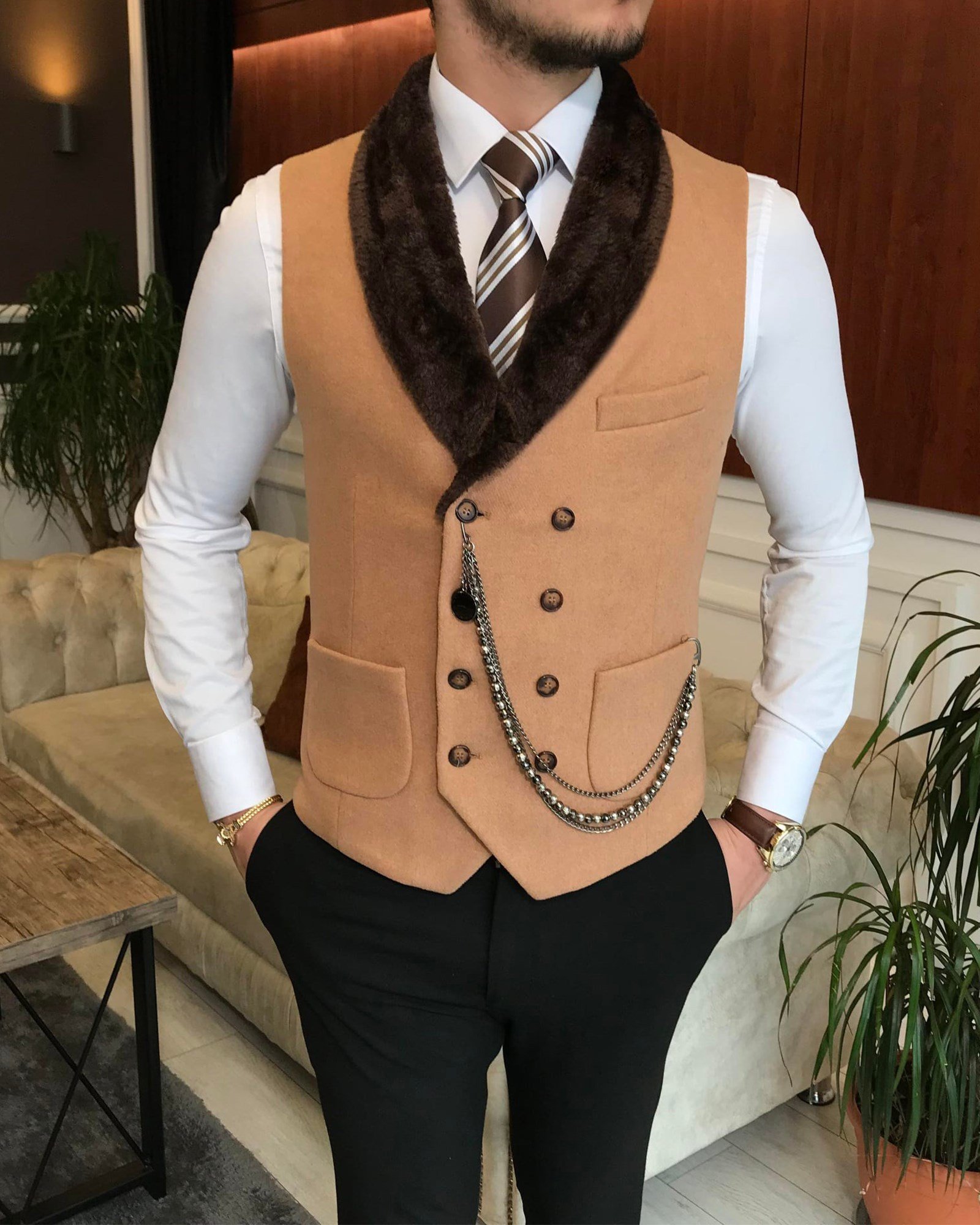 İtalyan stil slim fit kürklü cepken yelek camel T6539