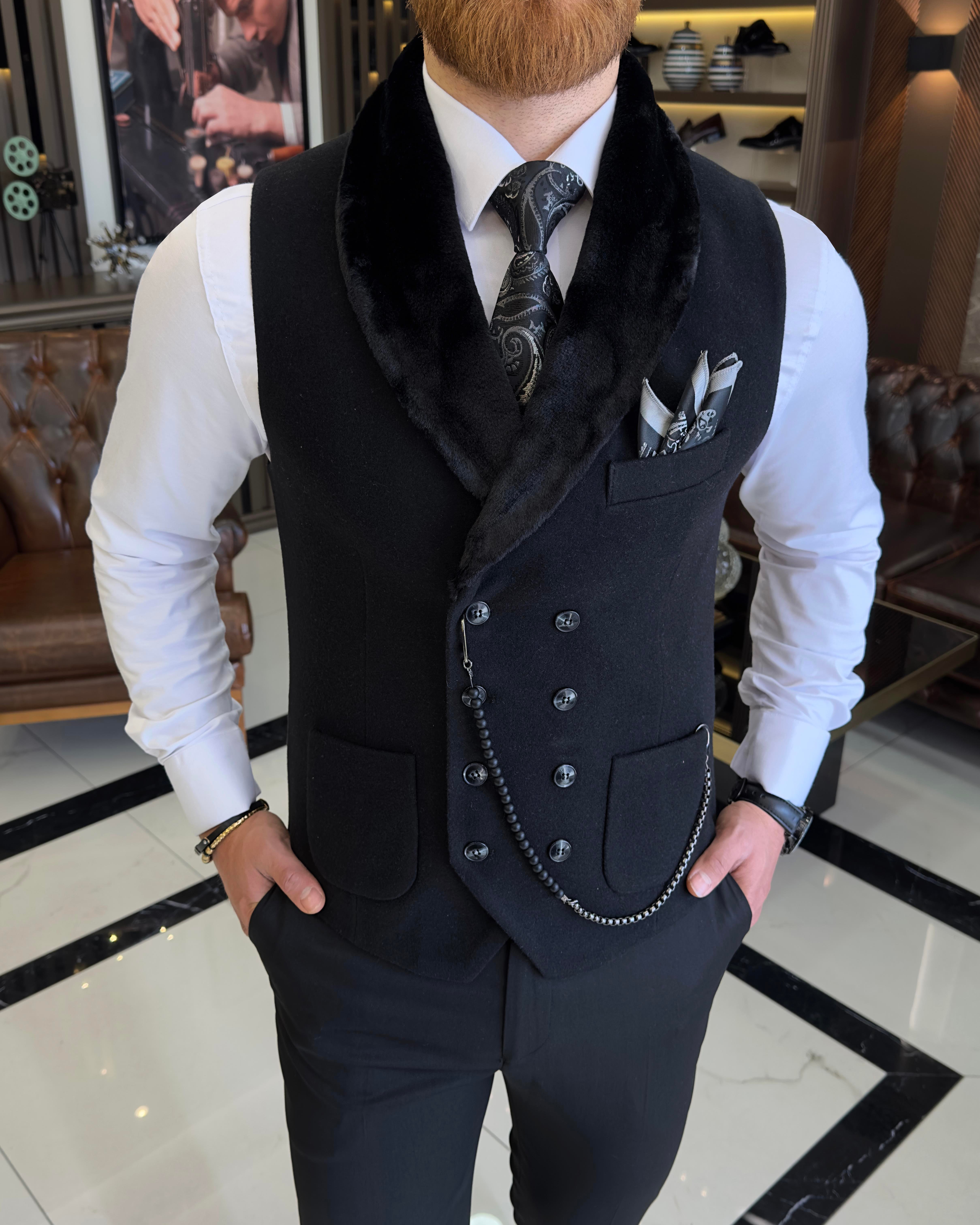 Italian style slim fit furry pocket vest Black T10790