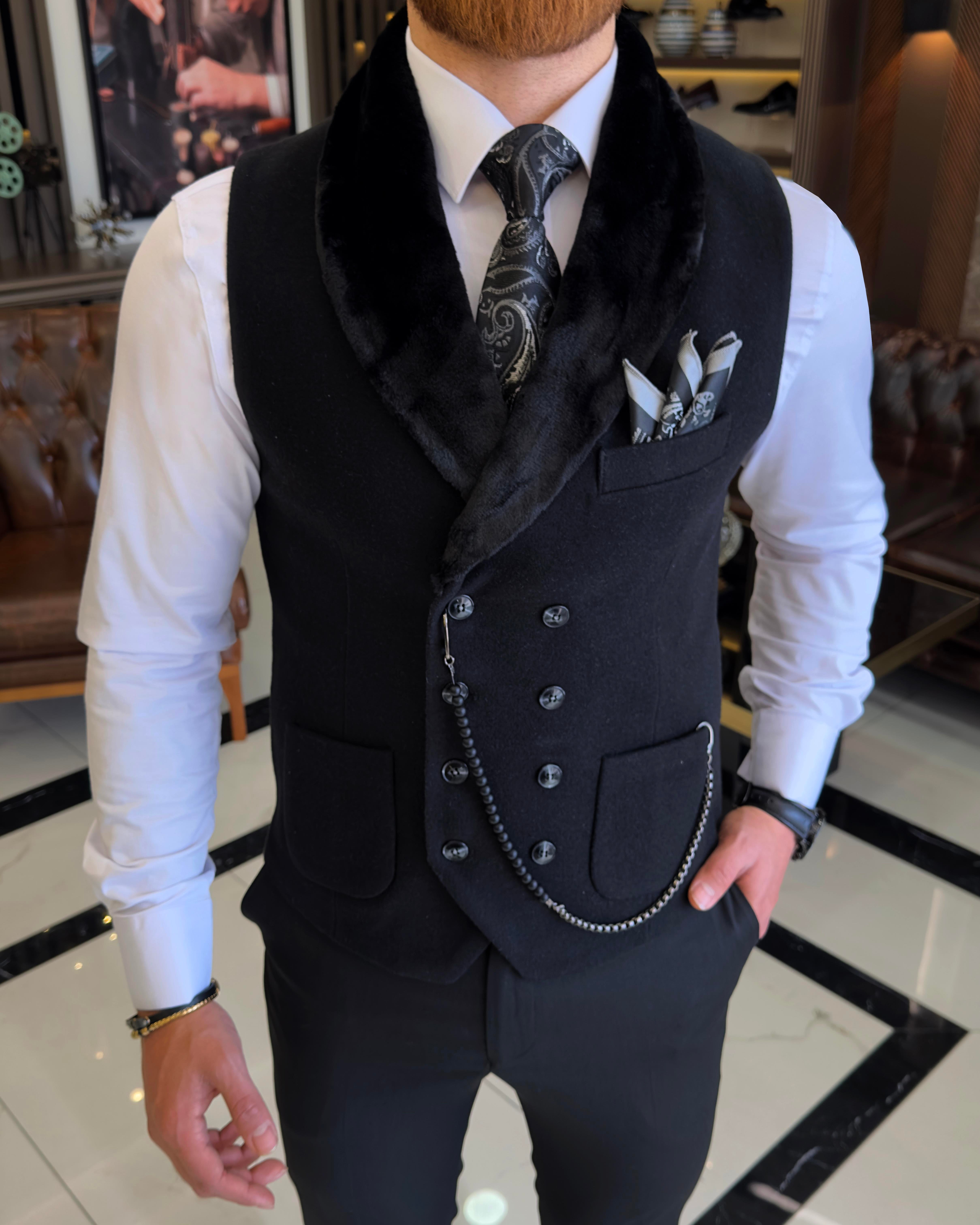 Italian style slim fit furry pocket vest Black T10790