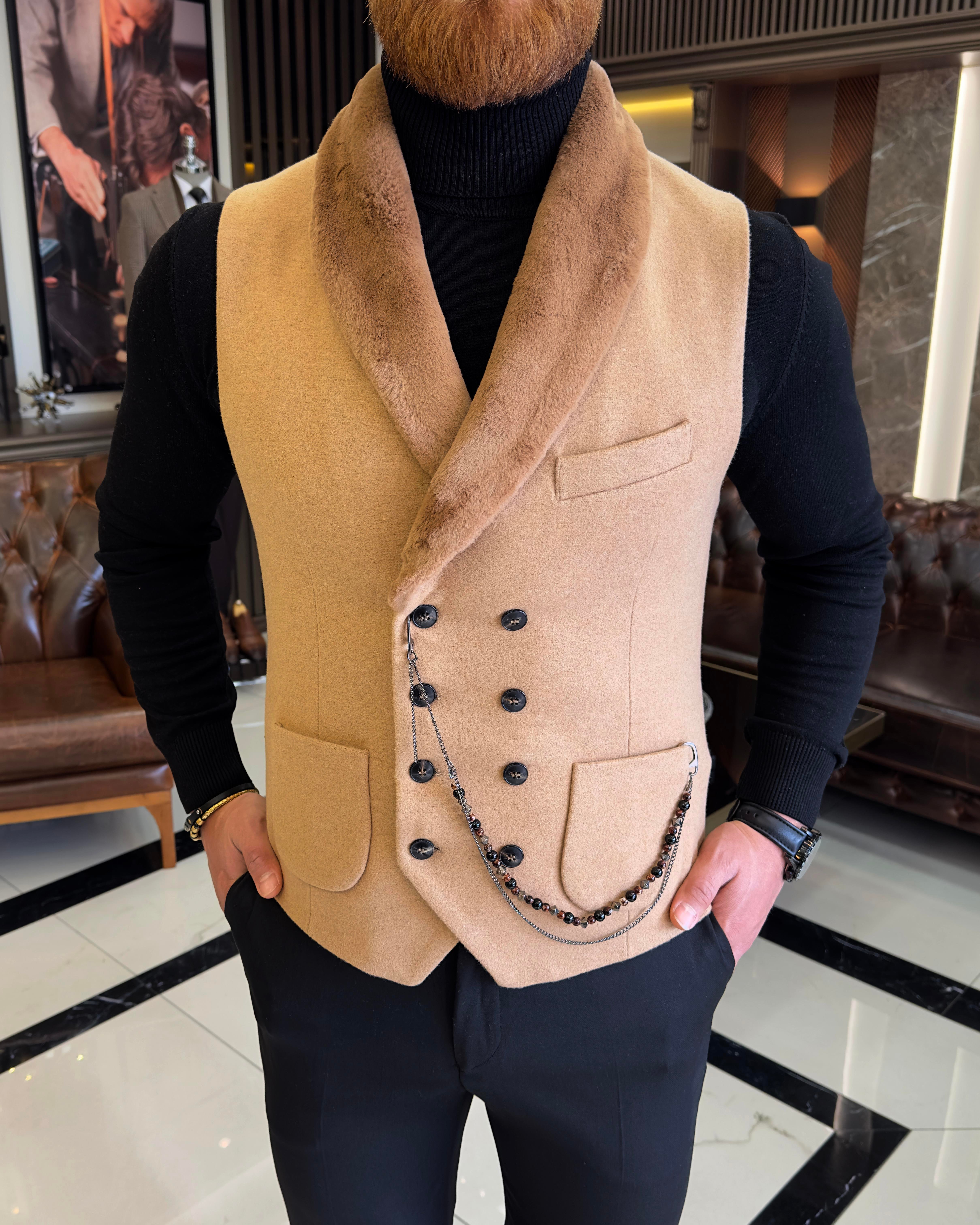  Italian style slim fit furry vest Camel T10793