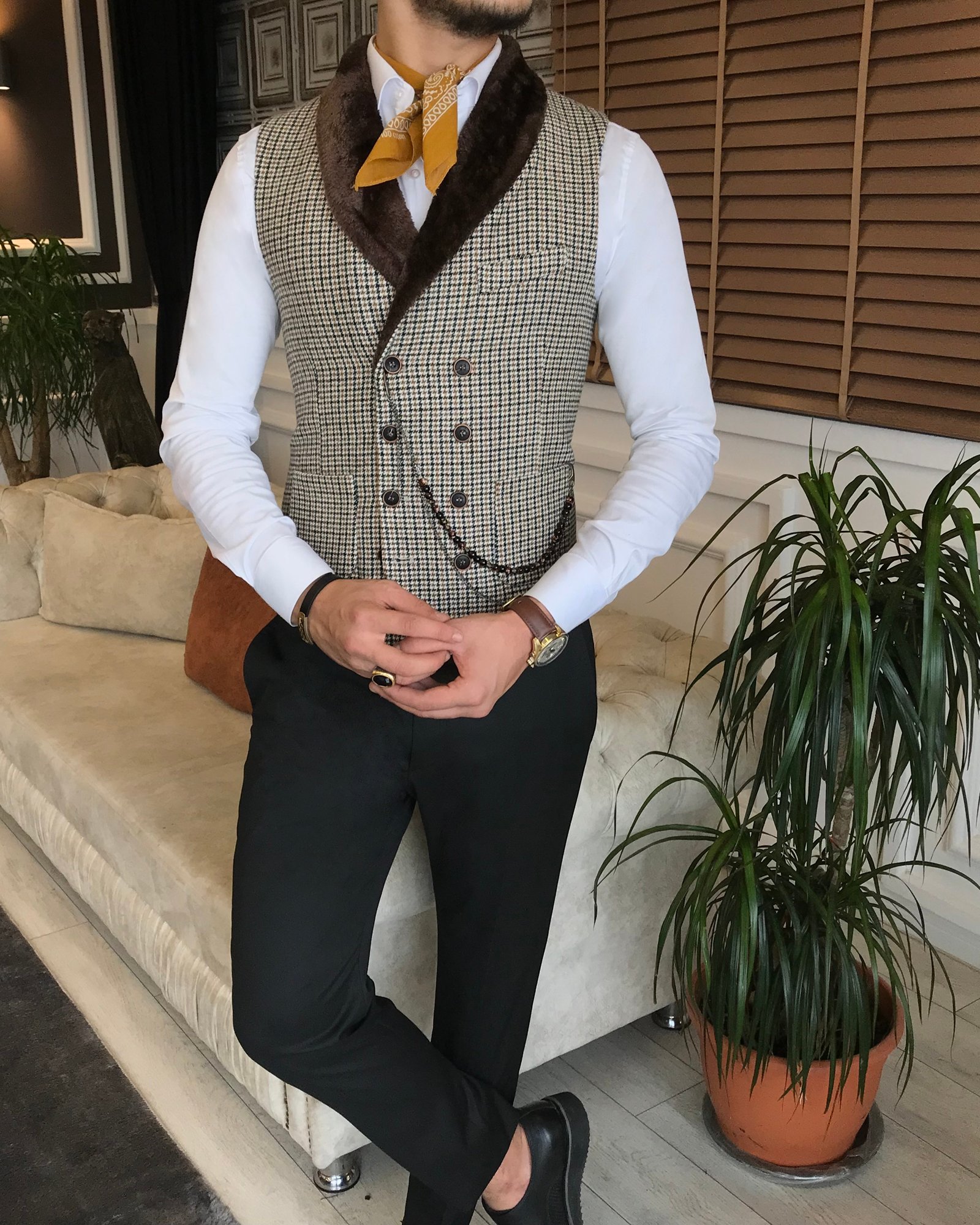 İtalyan stil slim fit kürklü cepken yelek çok renkli T6363