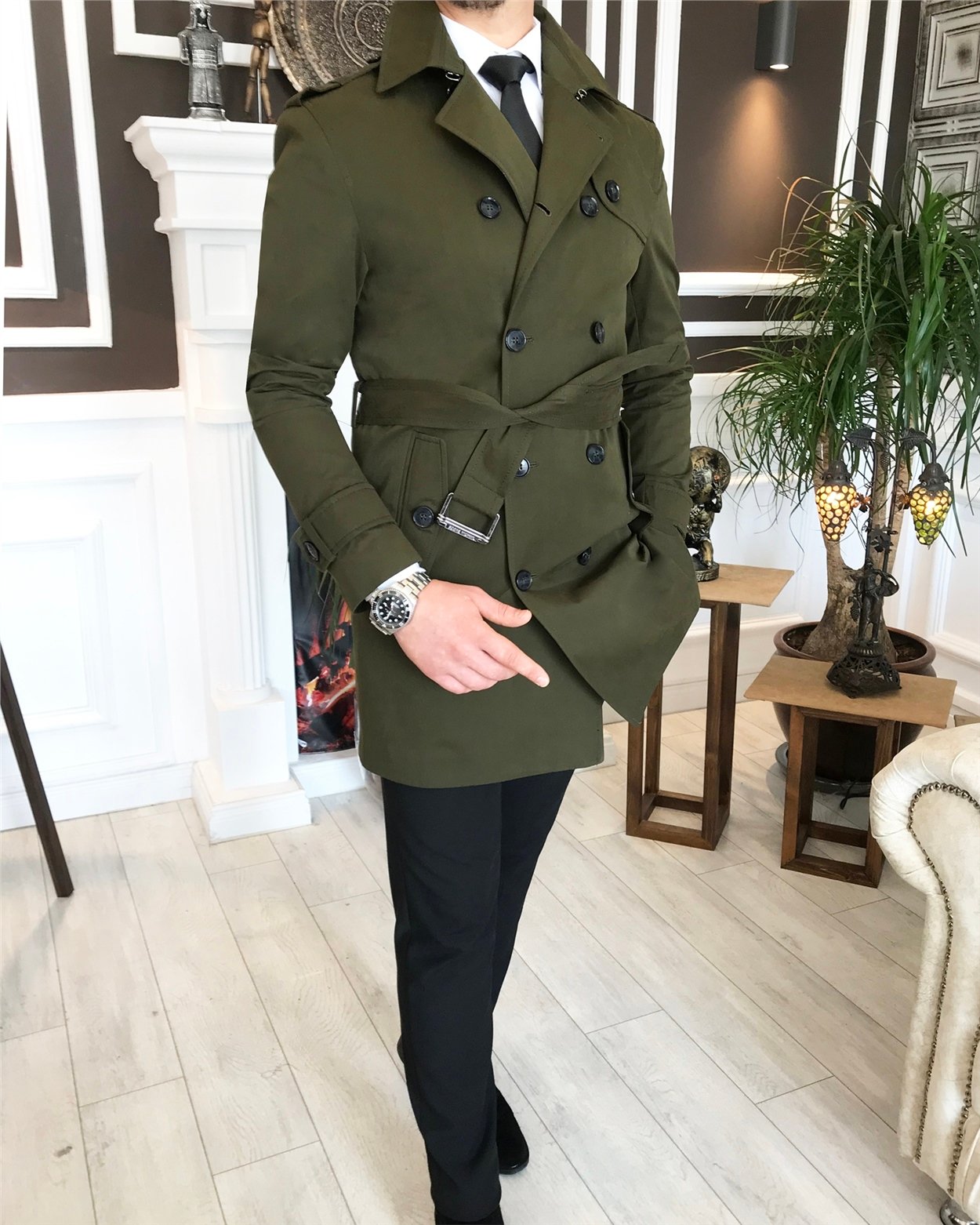 İtalyan stil slim fit mevsimlik erkek trençkot mont Yeşil T4976