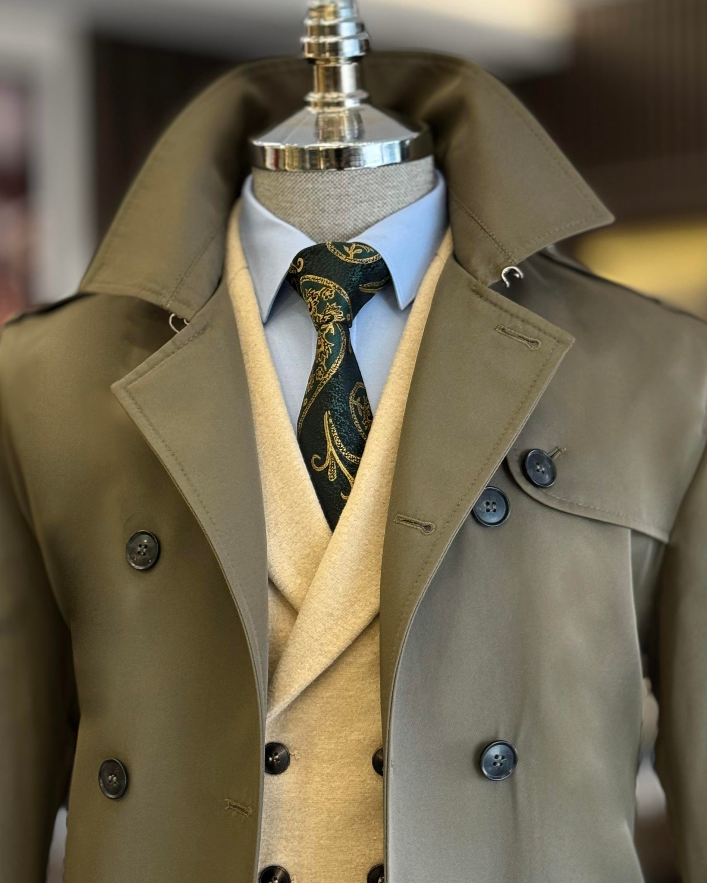 İtalyan stil slim fit mevsimlik erkek trençkot mont Yeşil T4976