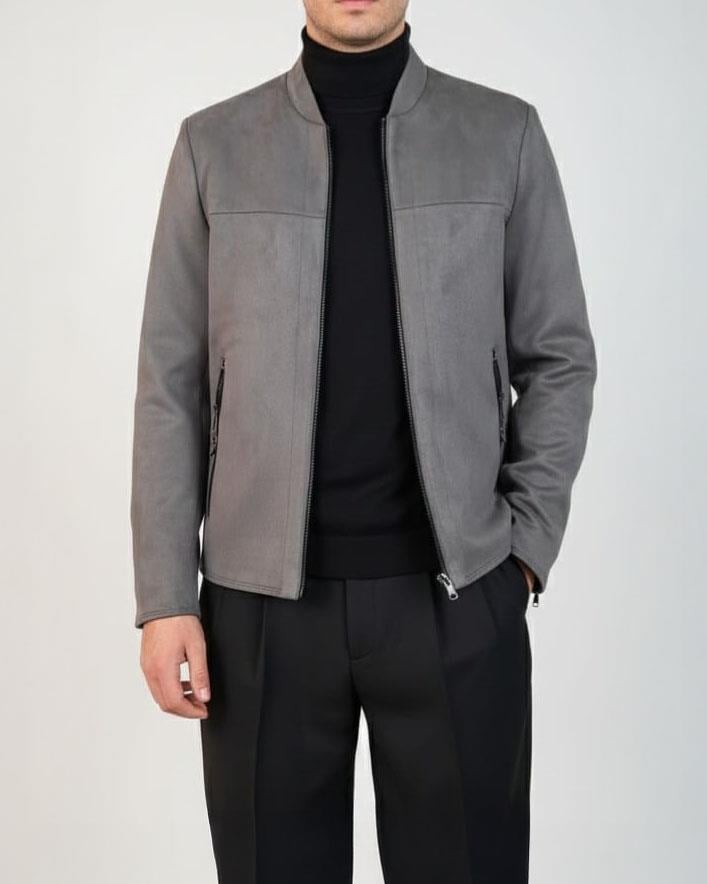İtalyan stil slim fit mevsimlik erkek süet mont gri T9175