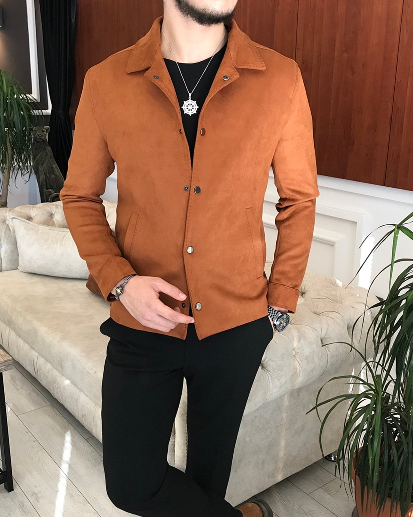 İtalyan stil slim fit mevsimlik erkek süet mont ince ceket Camel T6505