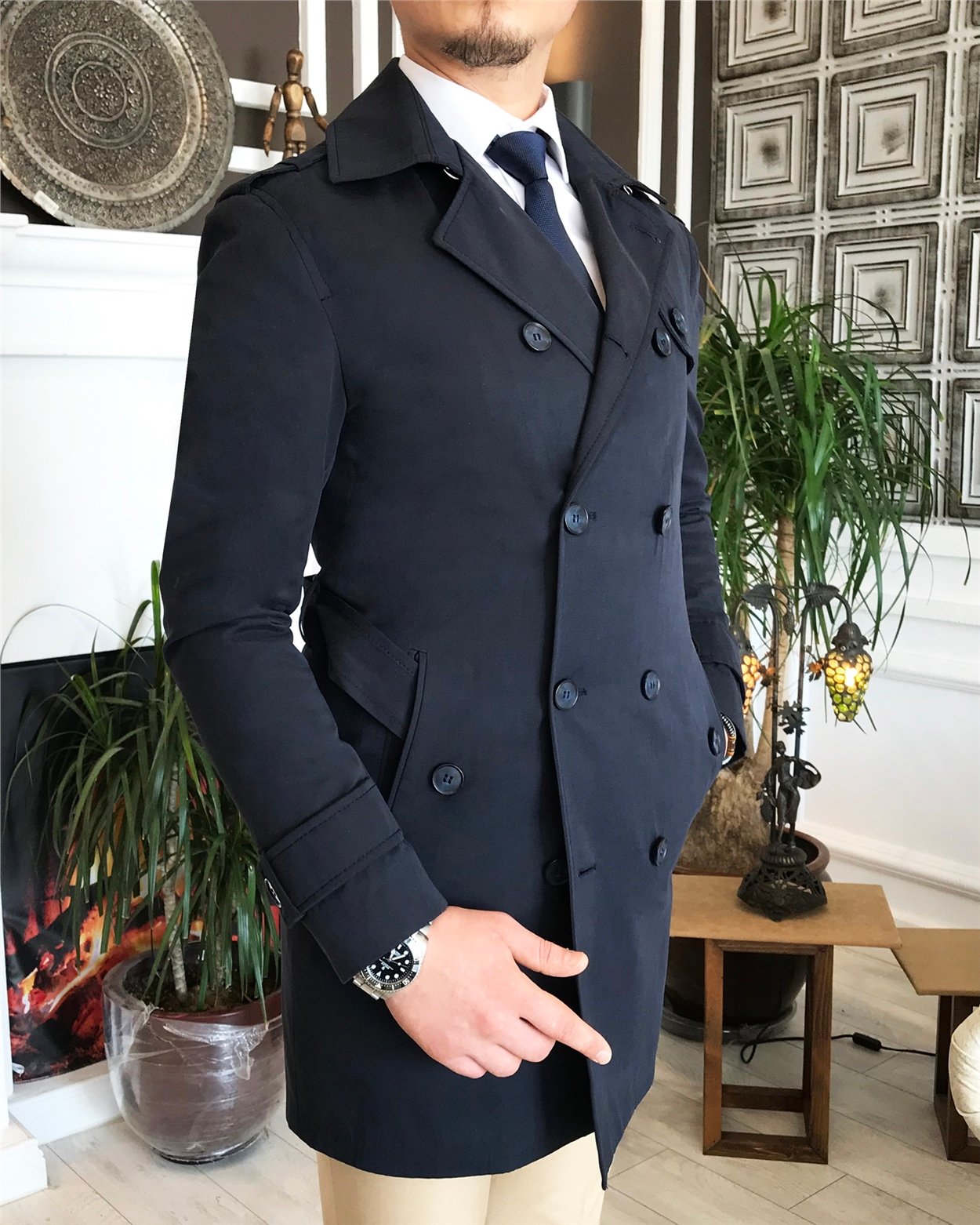 İtalyan stil slim fit mevsimlik erkek trençkot mont Lacivert T4979