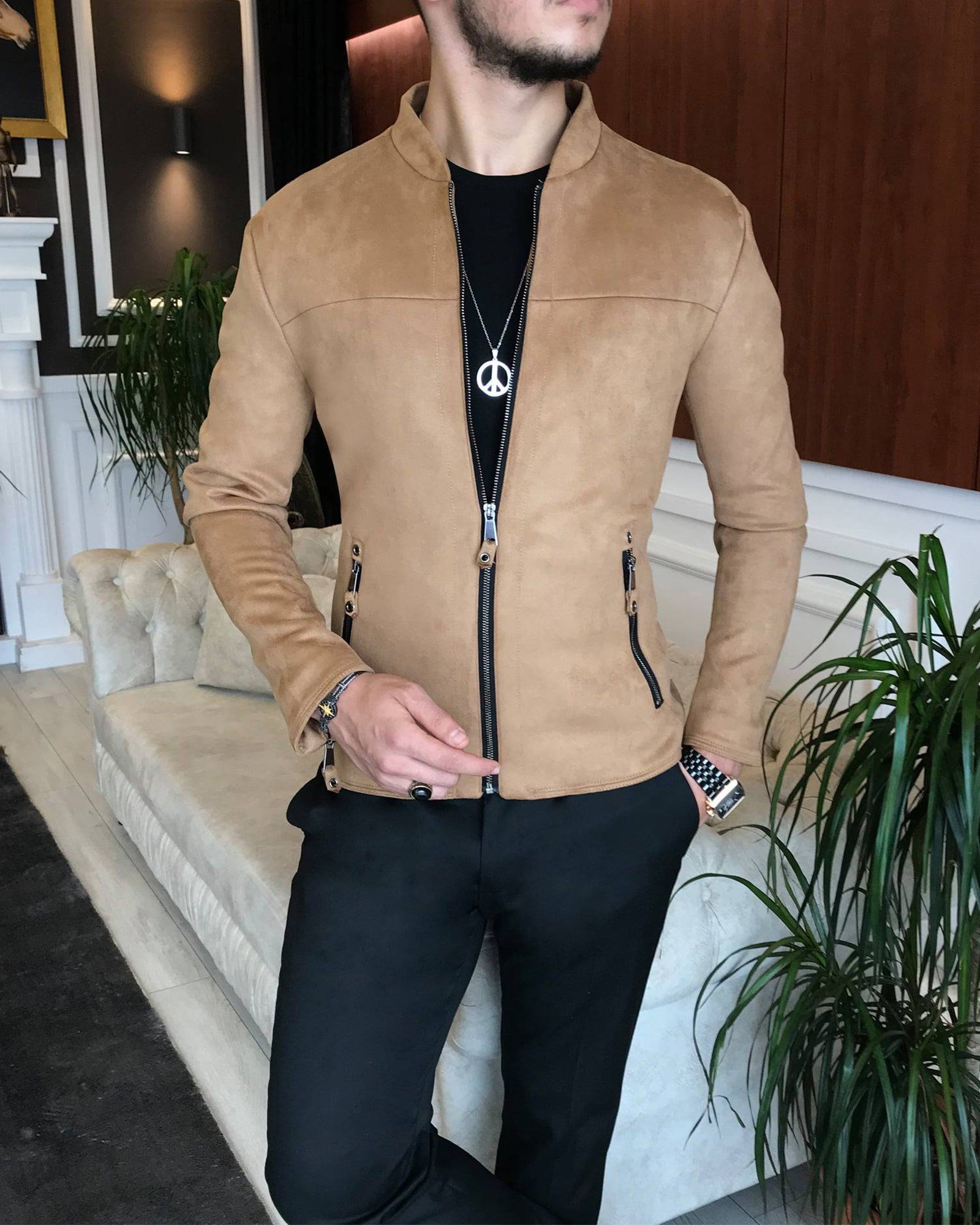 İtalyan stil slim fit mevsimlik erkek süet mont ince ceket camel T6428