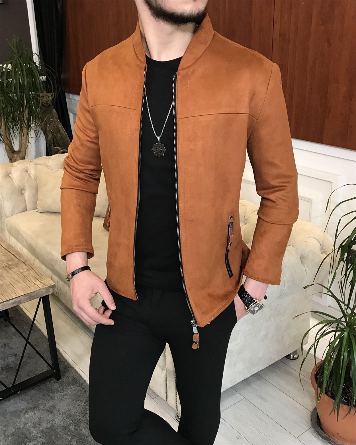 İtalyan stil slim fit mevsimlik erkek süet mont ince ceket Kiremit T4909