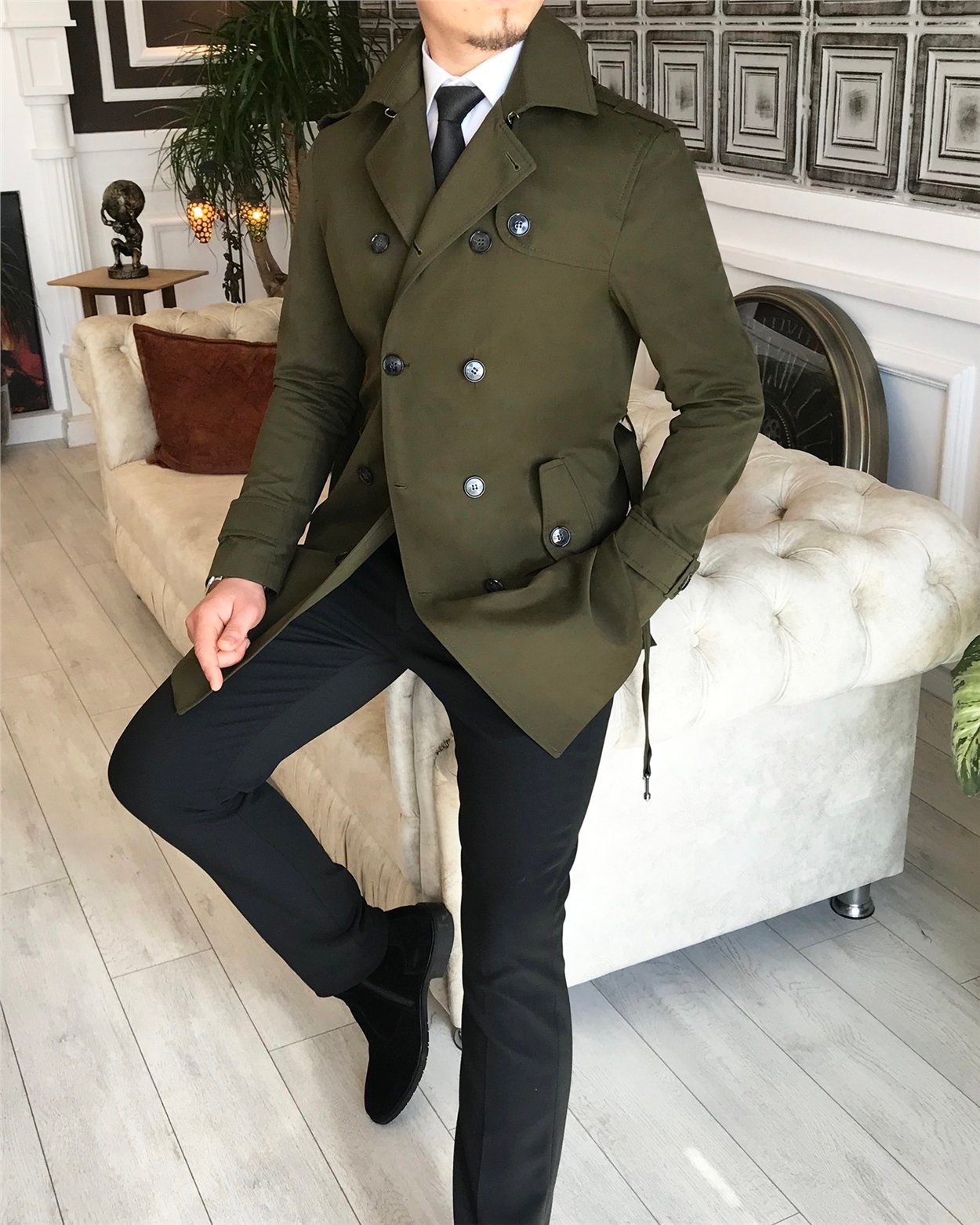 İtalyan stil slim fit mevsimlik erkek trençkot mont Yeşil T4976