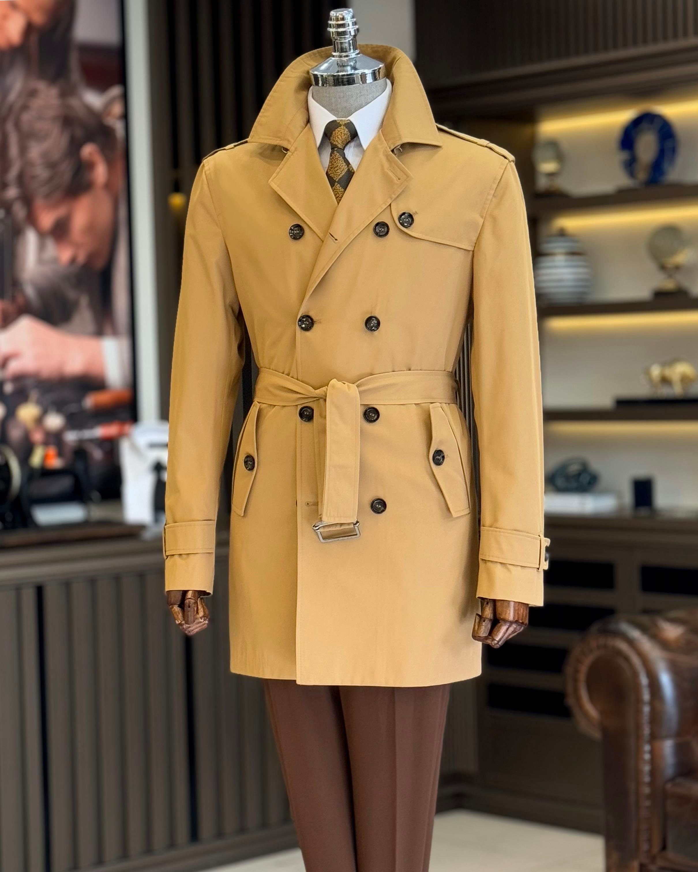 İtalyan stil slim fit mevsimlik erkek trençkot mont Bej T4978