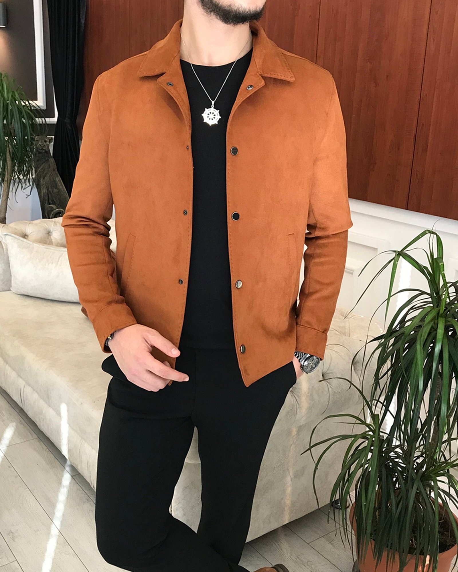 İtalyan stil slim fit mevsimlik erkek süet mont ince ceket Camel T6505