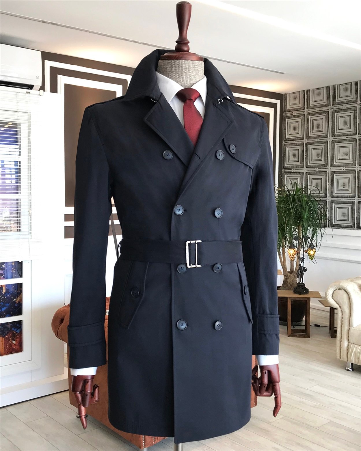İtalyan stil slim fit mevsimlik erkek trençkot mont Lacivert T4979
