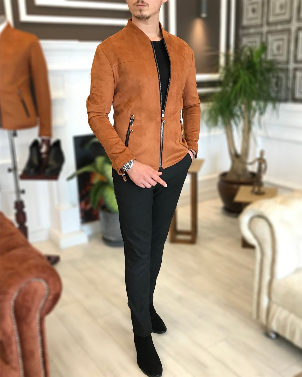İtalyan stil slim fit mevsimlik erkek süet mont ince ceket Kiremit T4909