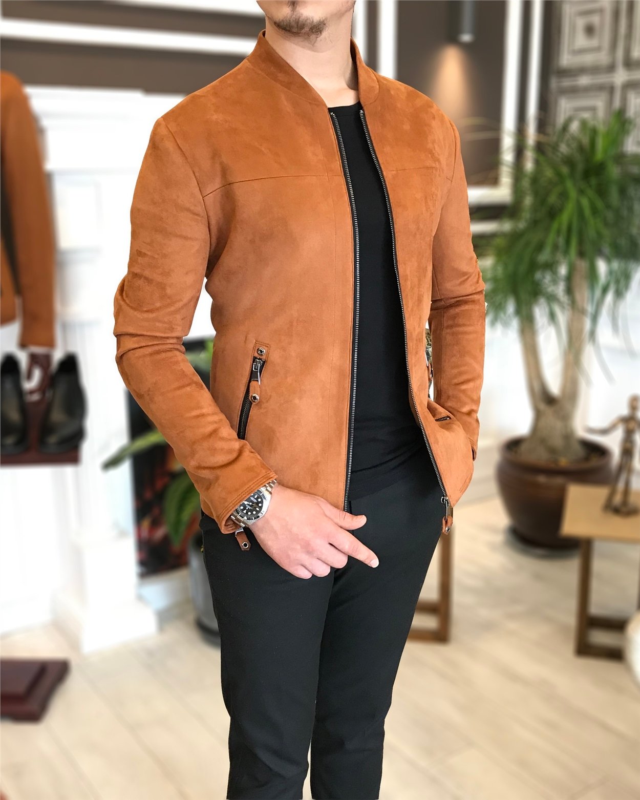 İtalyan stil slim fit mevsimlik erkek süet mont ince ceket Kiremit T4909